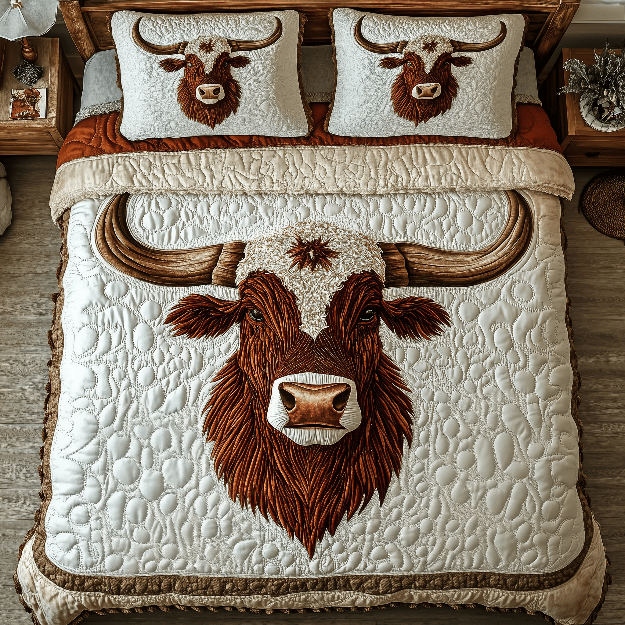 Rustic Longhorn Cow Quilted Bedding Set Unique Valentines Duvet Cover Set Unique Gifts For Cow Lovers