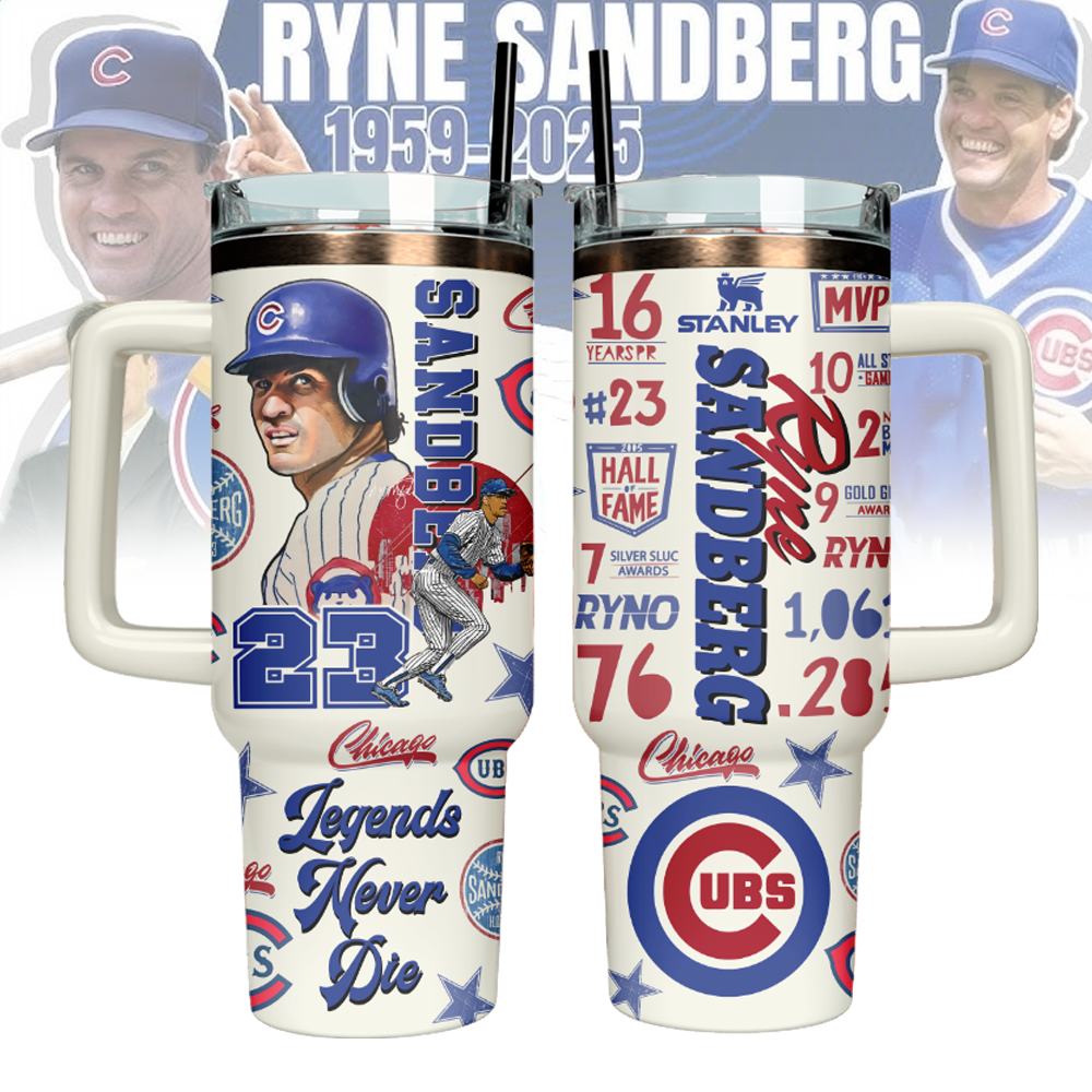 Ryne Sandberg X Chicago Cubs Stanley Quencher Stainless Steel Tumbler Baseball Lover Gift Idea