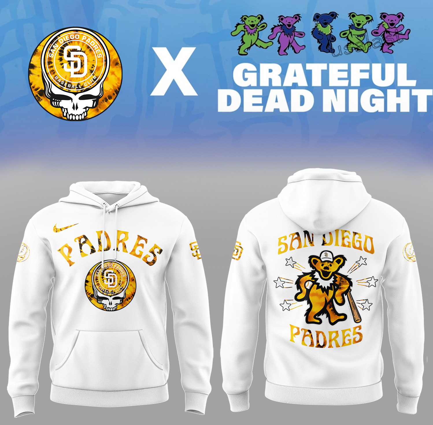 San Diego Baseball Grateful Dead Night White Hoodie Merch Unique Gifts For Baseball Fans