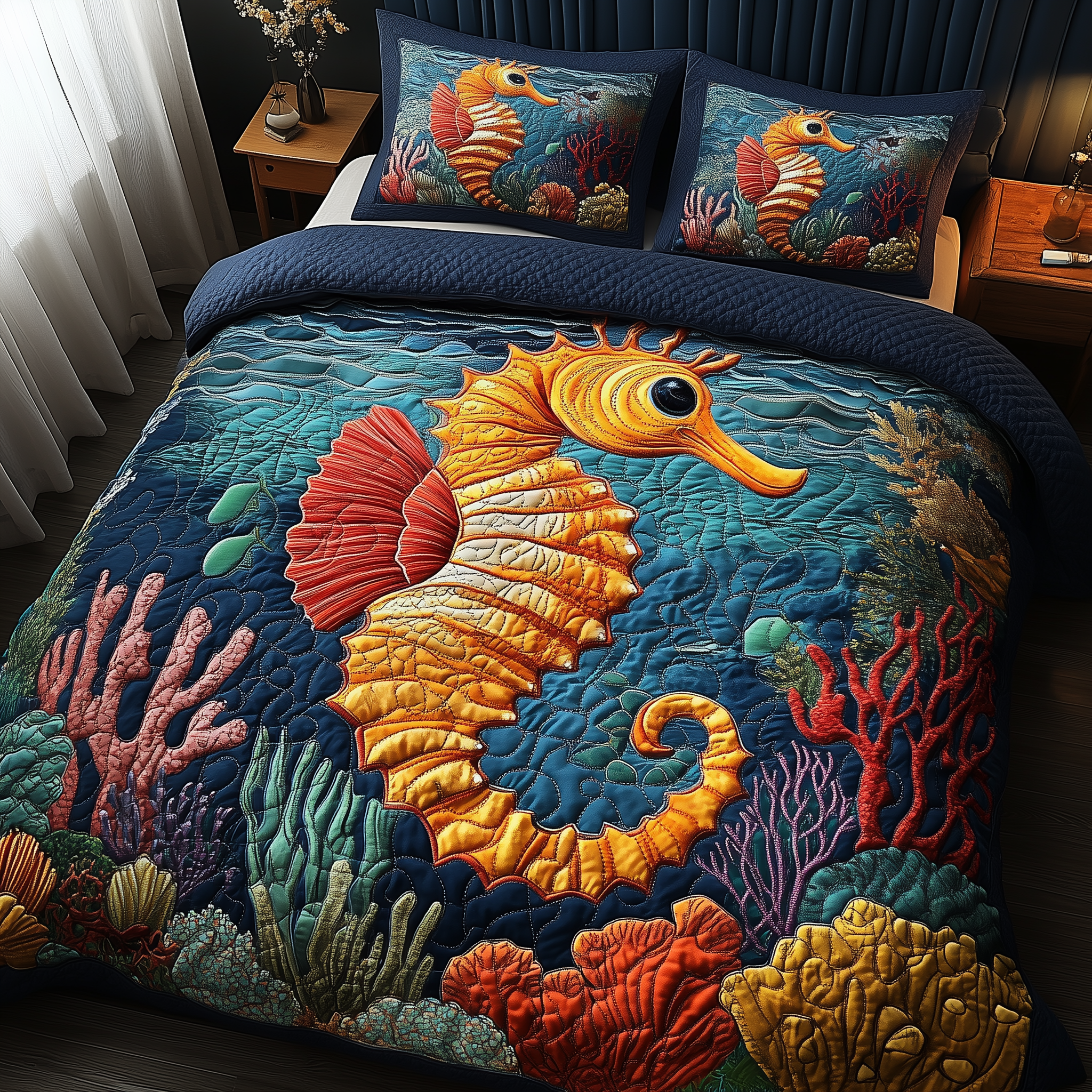 Seahorse Quilted Bedding Set Great Duvet Cover Bedspread Set Best Mothers Day Gifts