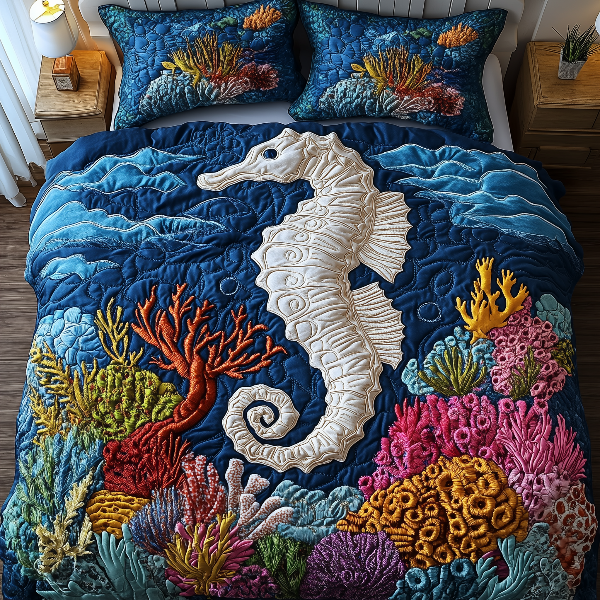 Seahorse Quilted Bedding Set Great Duvet Cover Bedspread Set Creative Mother's Day Gifts