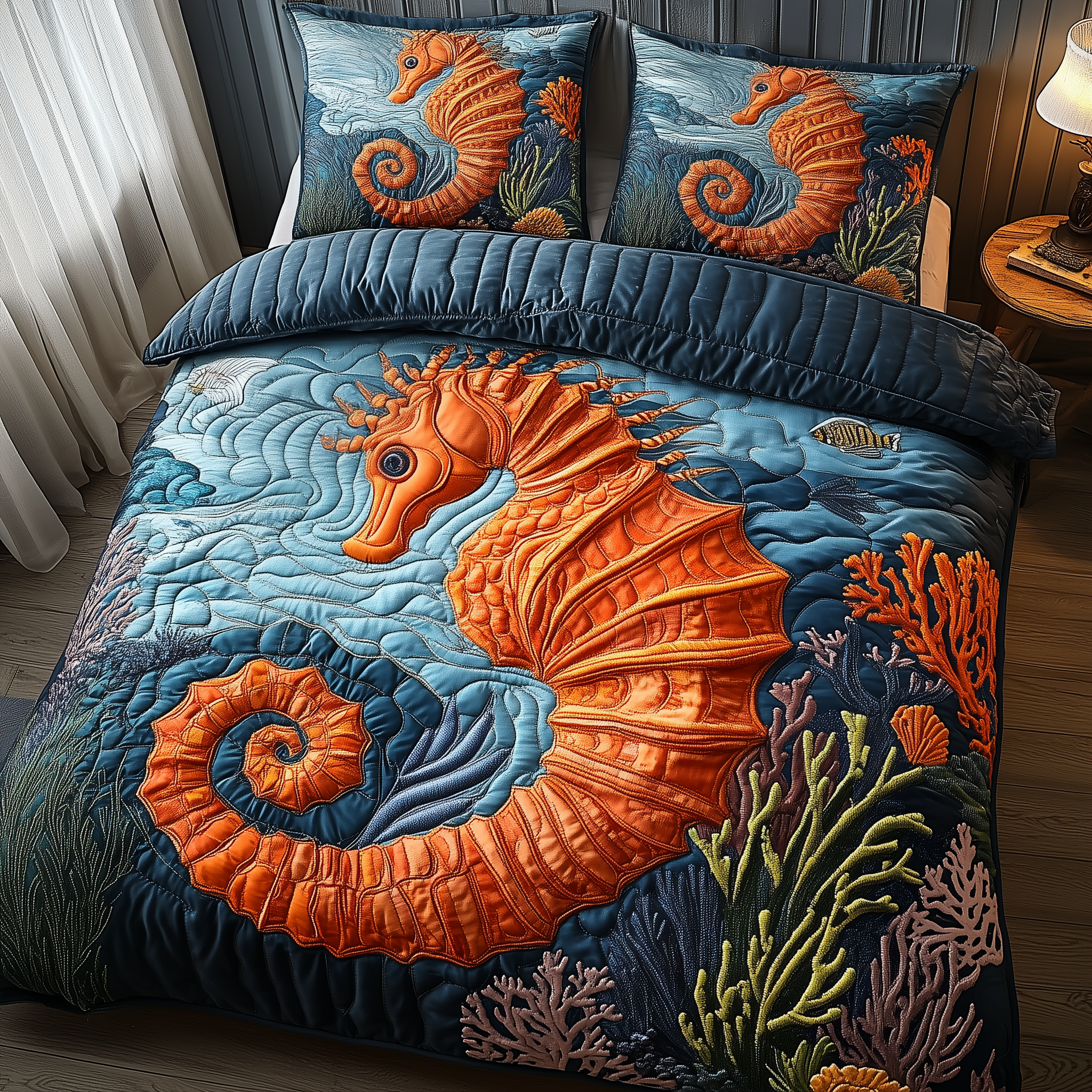 Seahorse Quilted Bedding Set Great Duvet Cover Bedspread Set Mother's Day Gifts For Grandma