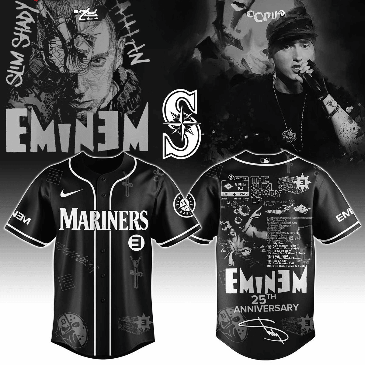 Seattle Mariners X Eminem 25th Anniversary Of The Slim Shady Lp 2025 Jersey Mariners Merch