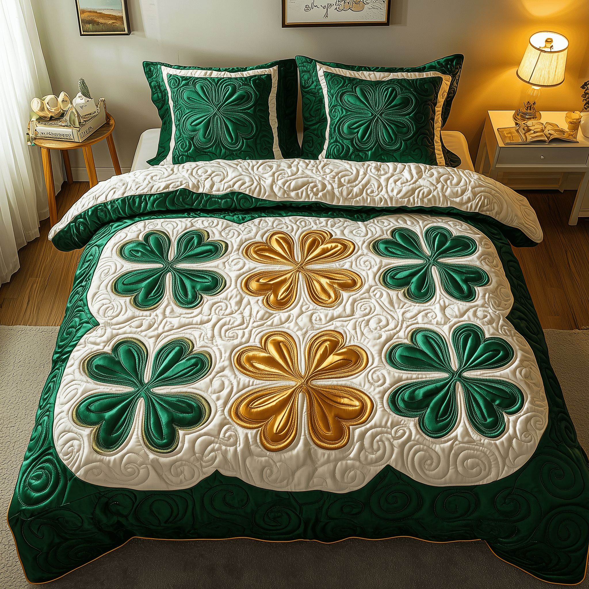 Shamrock Quilted Bedding Set Duvet Cover Bedspread Set Themed Irish Gifts For Women
