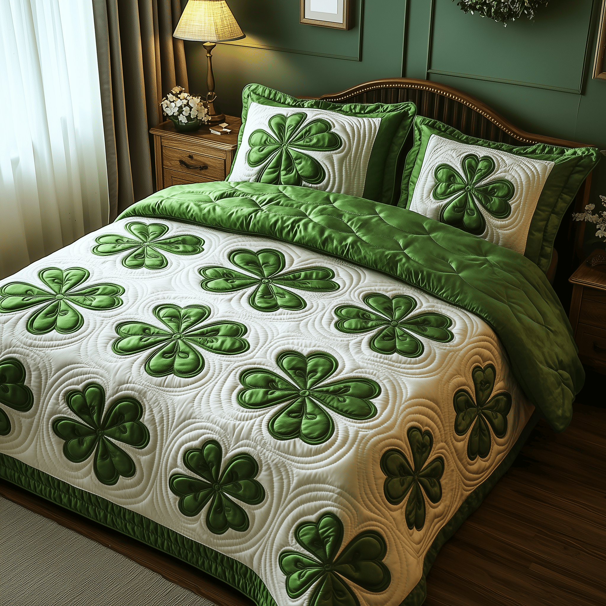 Shamrock Quilted Bedding Set St Patrick's Day Duvet Cover Birthday Presents For Mum