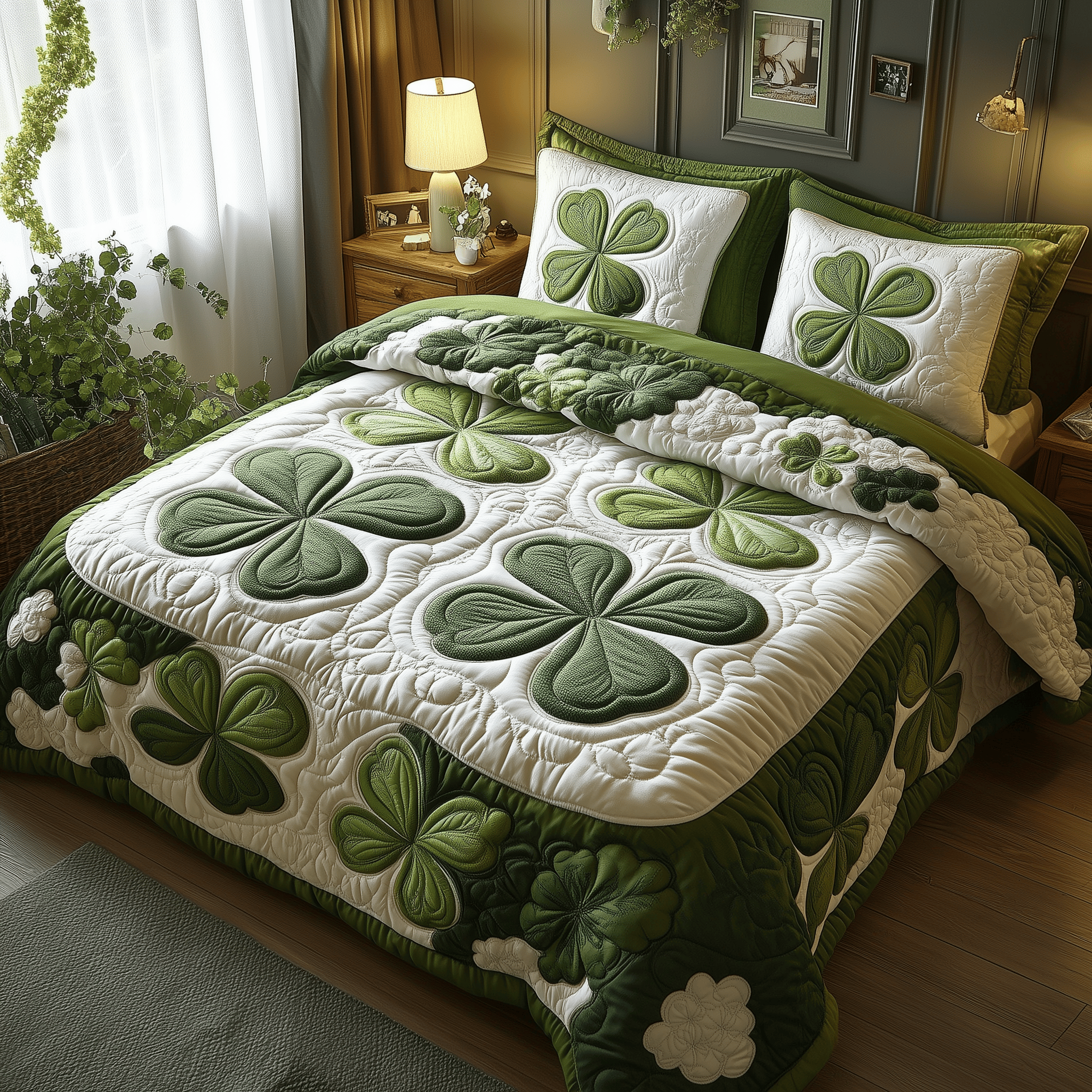 Shamrock Quilted Bedding Set St Patrick's Day Duvet Cover Father Daughter Gifts