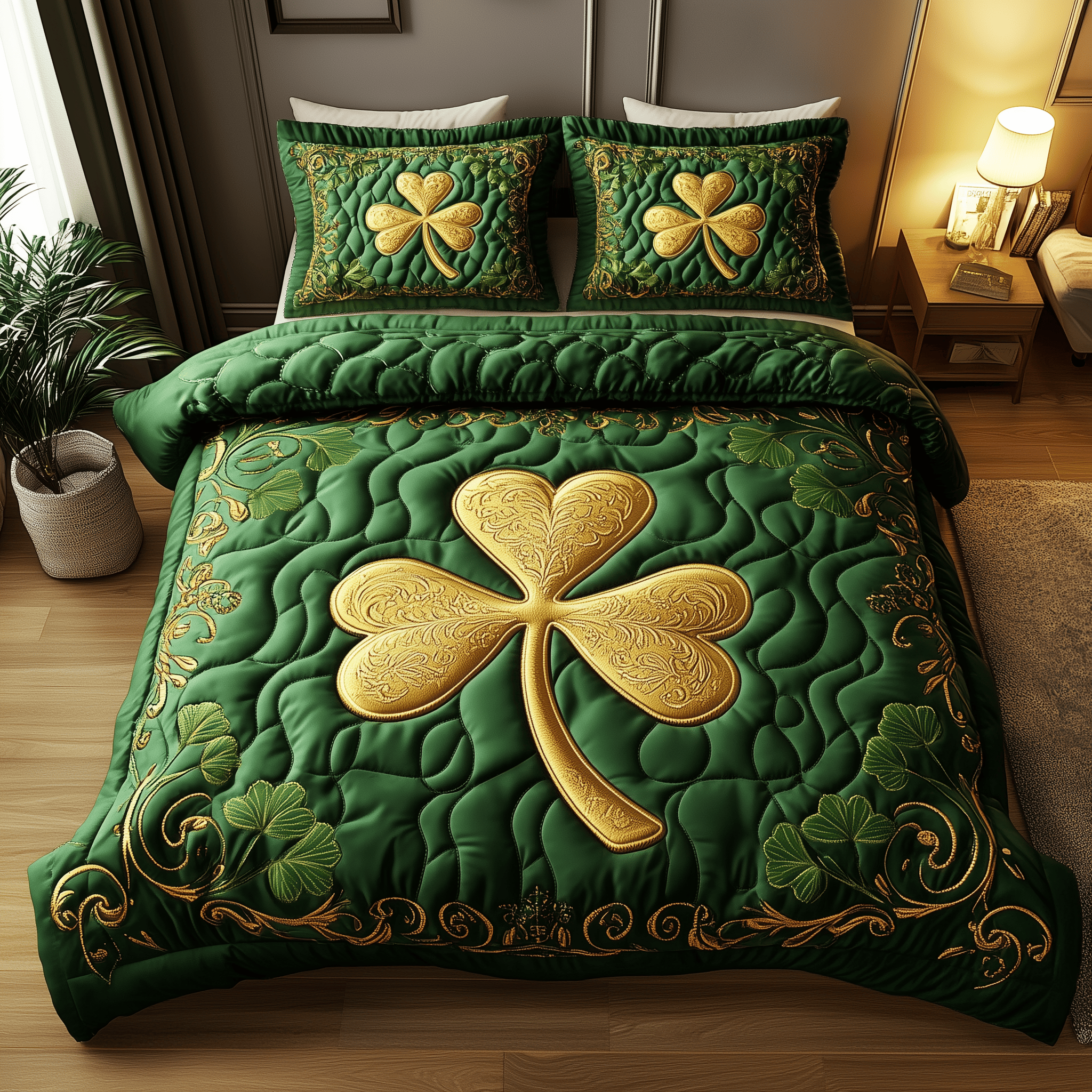 Shamrock Quilted Bedding Set St Patrick's Day Duvet Cover Perfect Mother' Day Gifts