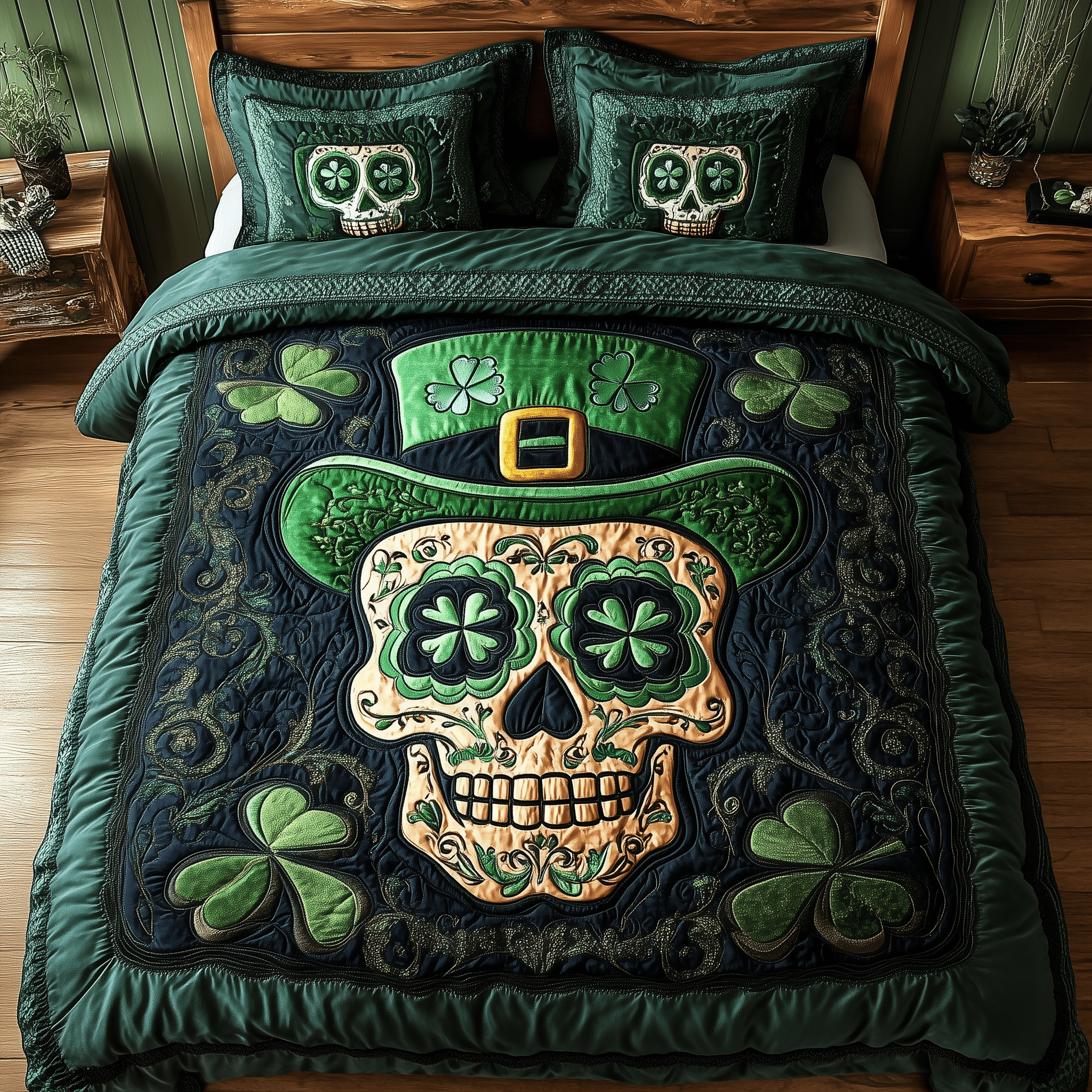 Shamrock Skull Spirit Quilted Bedding Set Valentine's Day Duvet Cover Skull Birthday Gifts