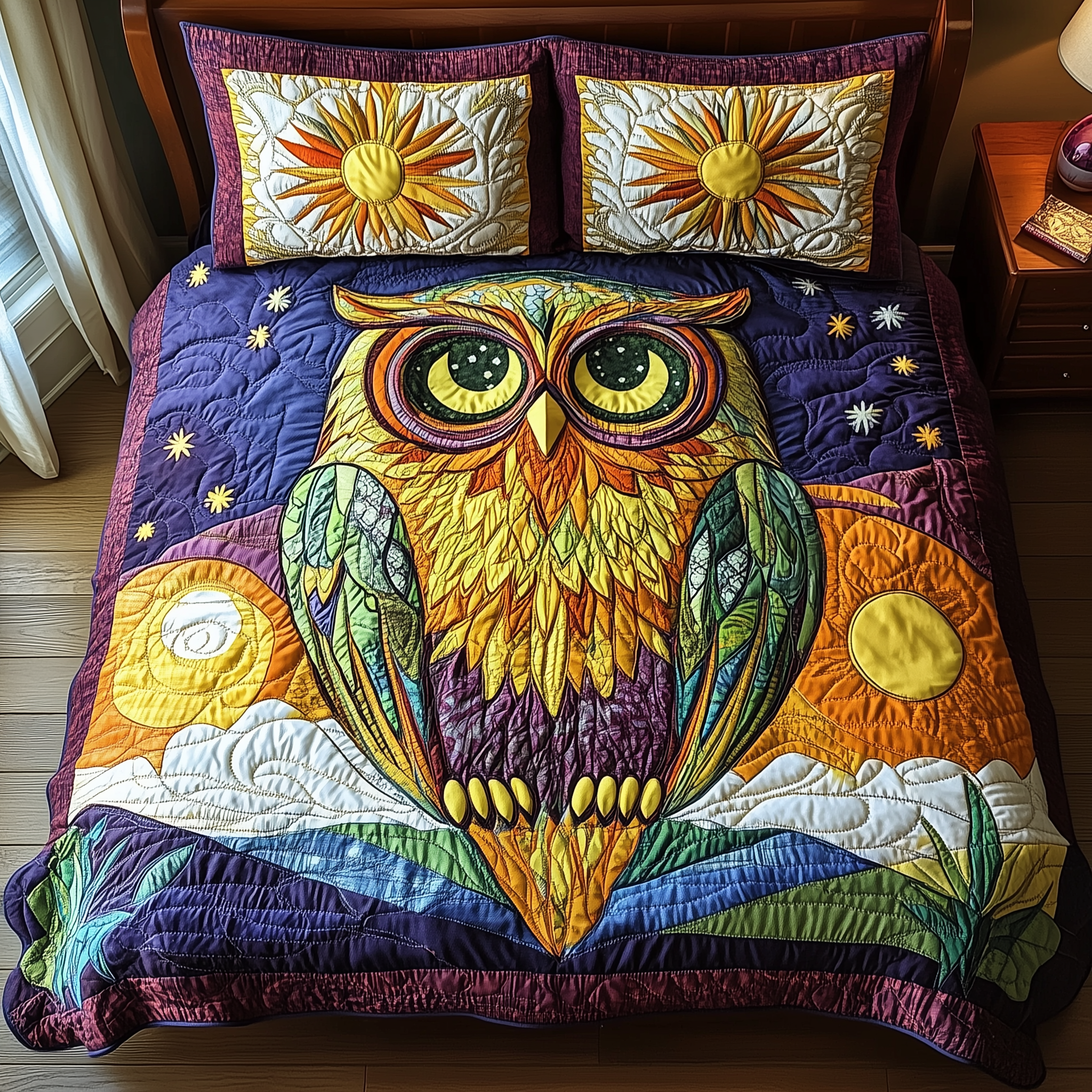 Shining Owl Quilted Bedding Set Duvet Cover Bedspread Set Item Good Gifts For Mom