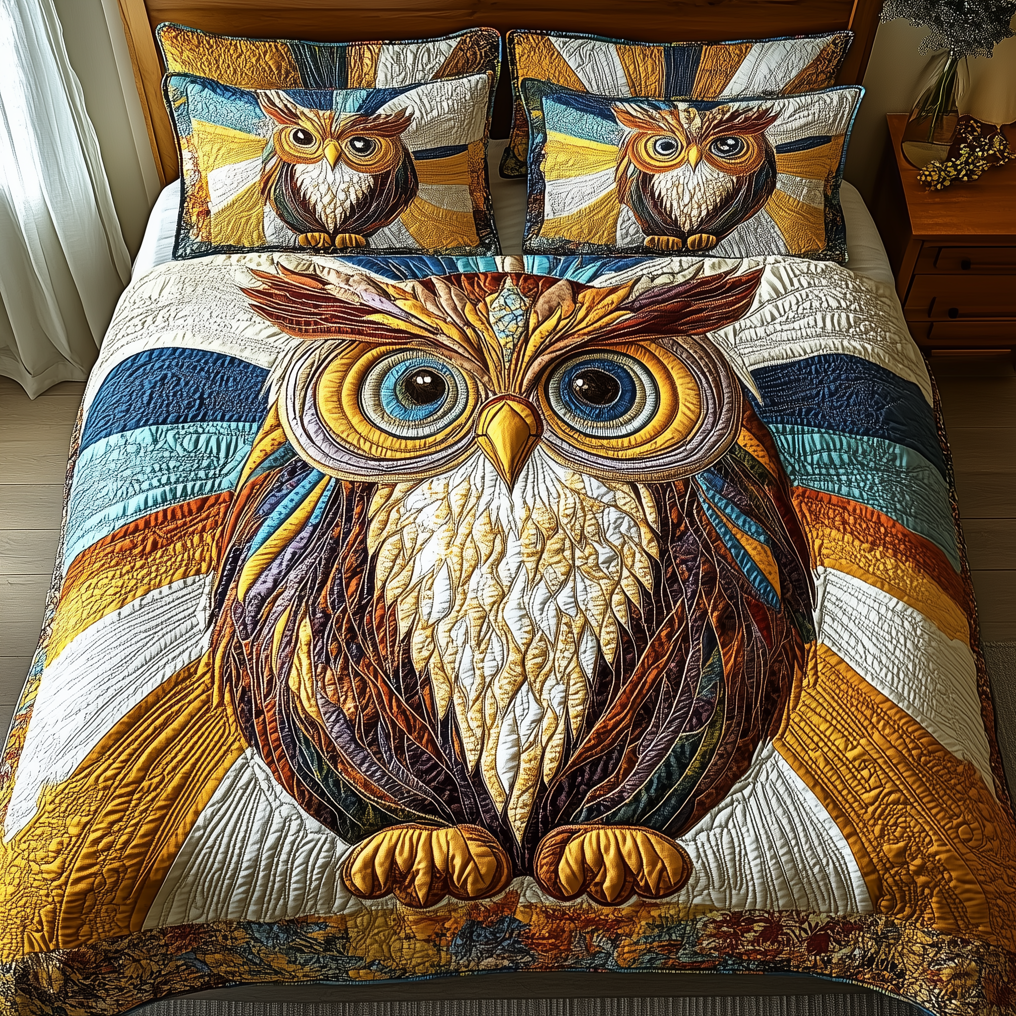 Shining Owl Quilted Bedding Set Duvet Cover Bedspread Set Item Presents For Grandmas Birthday