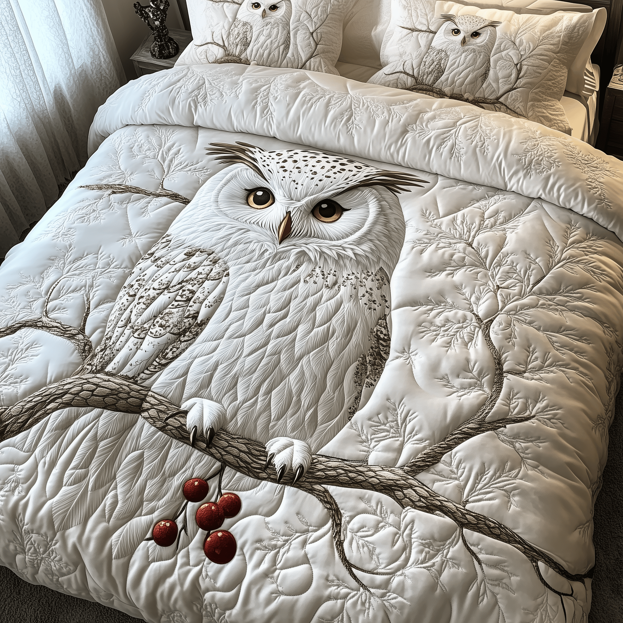 Silent White Watcher Quilted Bedding Set Duvet Cover Bedspread Set Items Owl Gifts For Women
