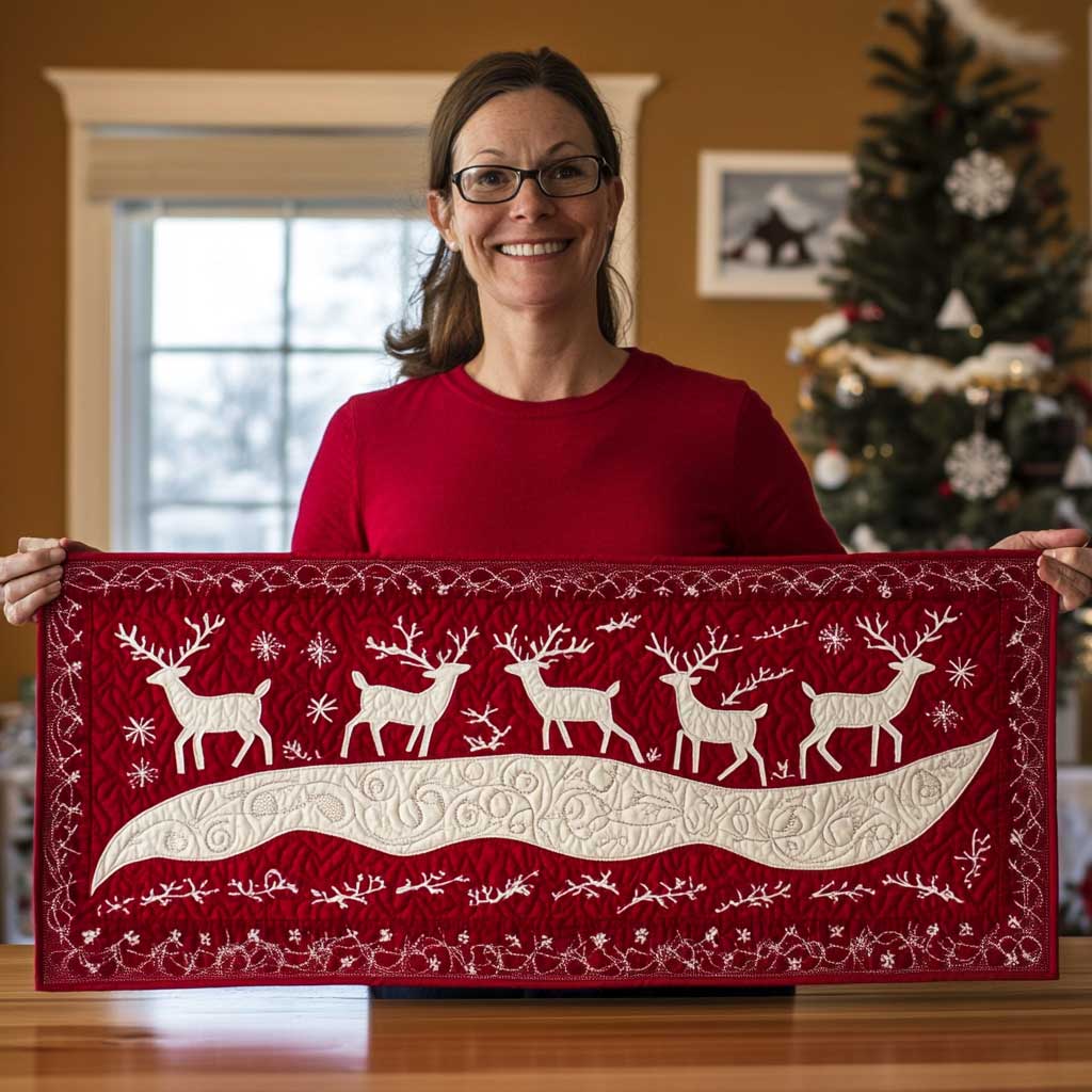 Silhouette Reindeer Quilted Table Runner Holiday Christmas Kitchen Indoor Decorations