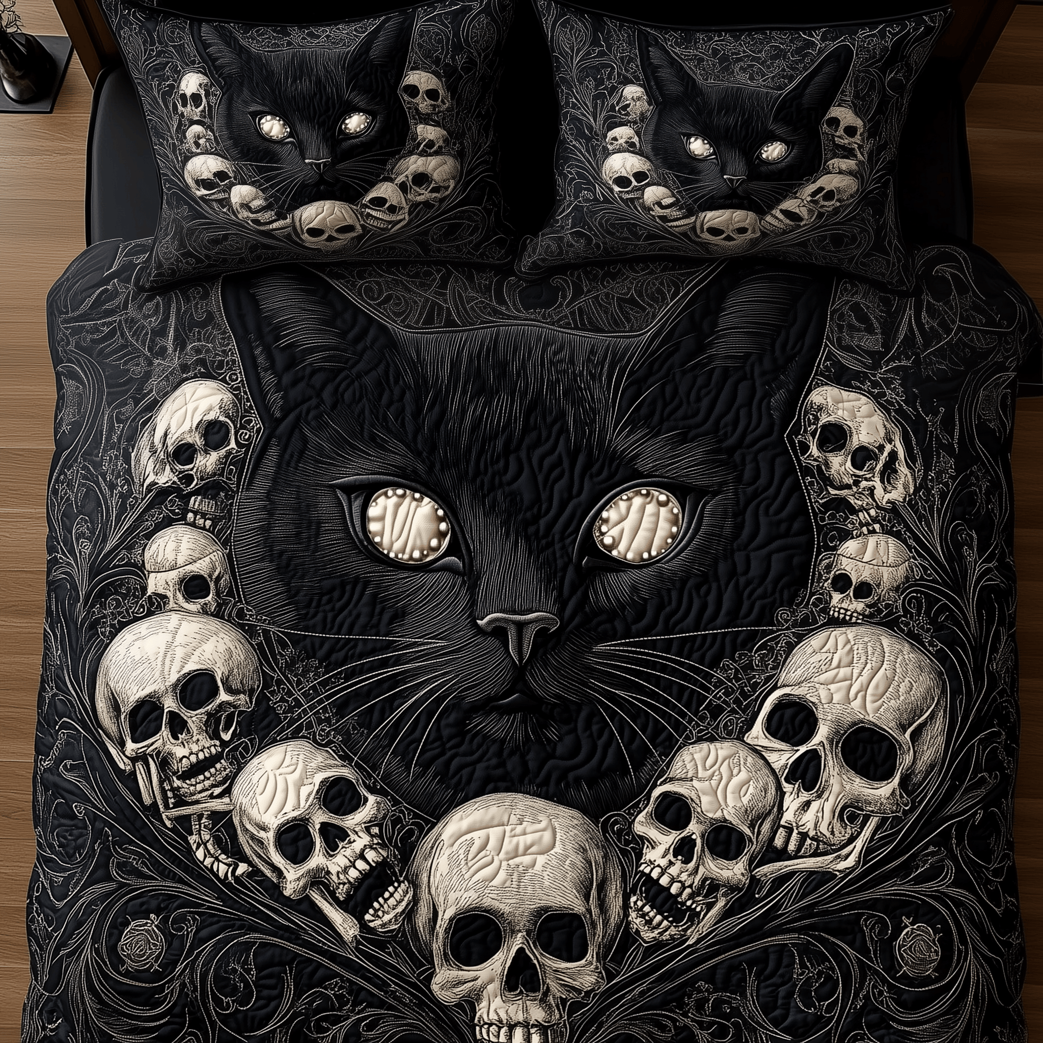 Skull And Black Cat Quilted Bedding Set  Stay warm this winter Christmas Ideas For Girlfriend