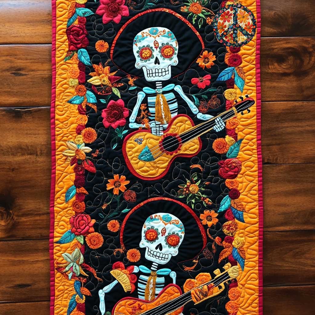 Skull Guitar Blooms Quilted Table Runner Decorations Merchandise Skull Christmas Gifts