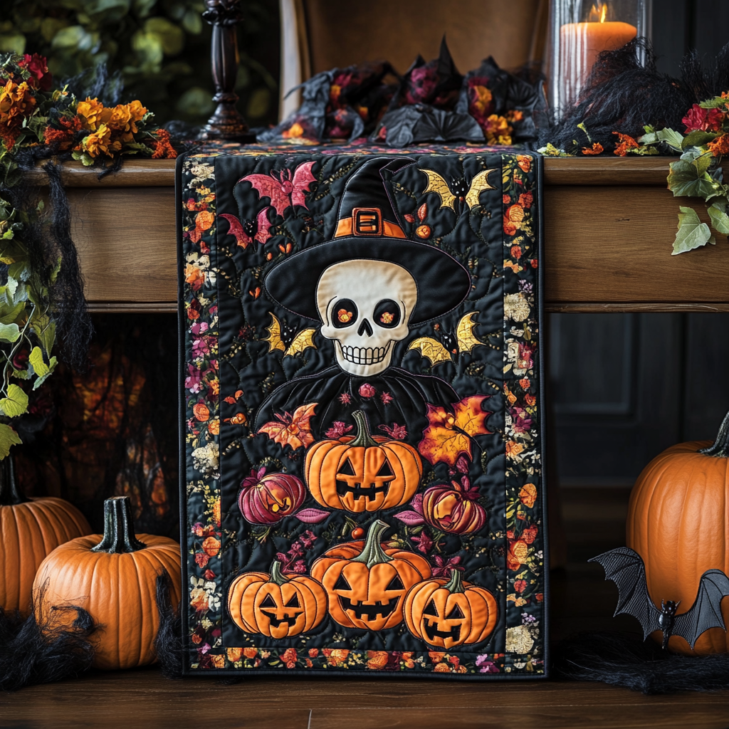 Skull Witch Pumpkin Quilted Table Runner Home Decorations Unique Cool Skull Gifts For Her