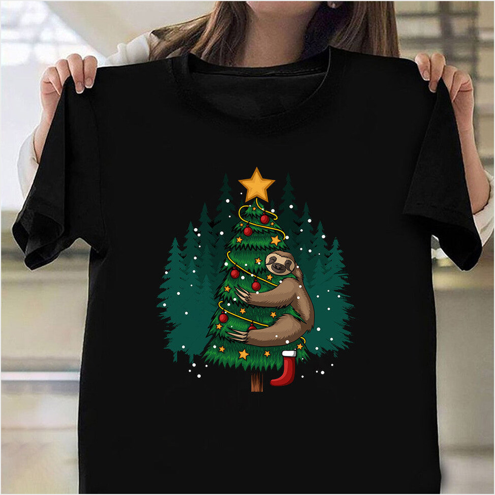 Sloth Hugging Tree Merry Christmas Shirt Sloth Lovers Funny Xmas T-Shirt Birthday Gifts For BFF