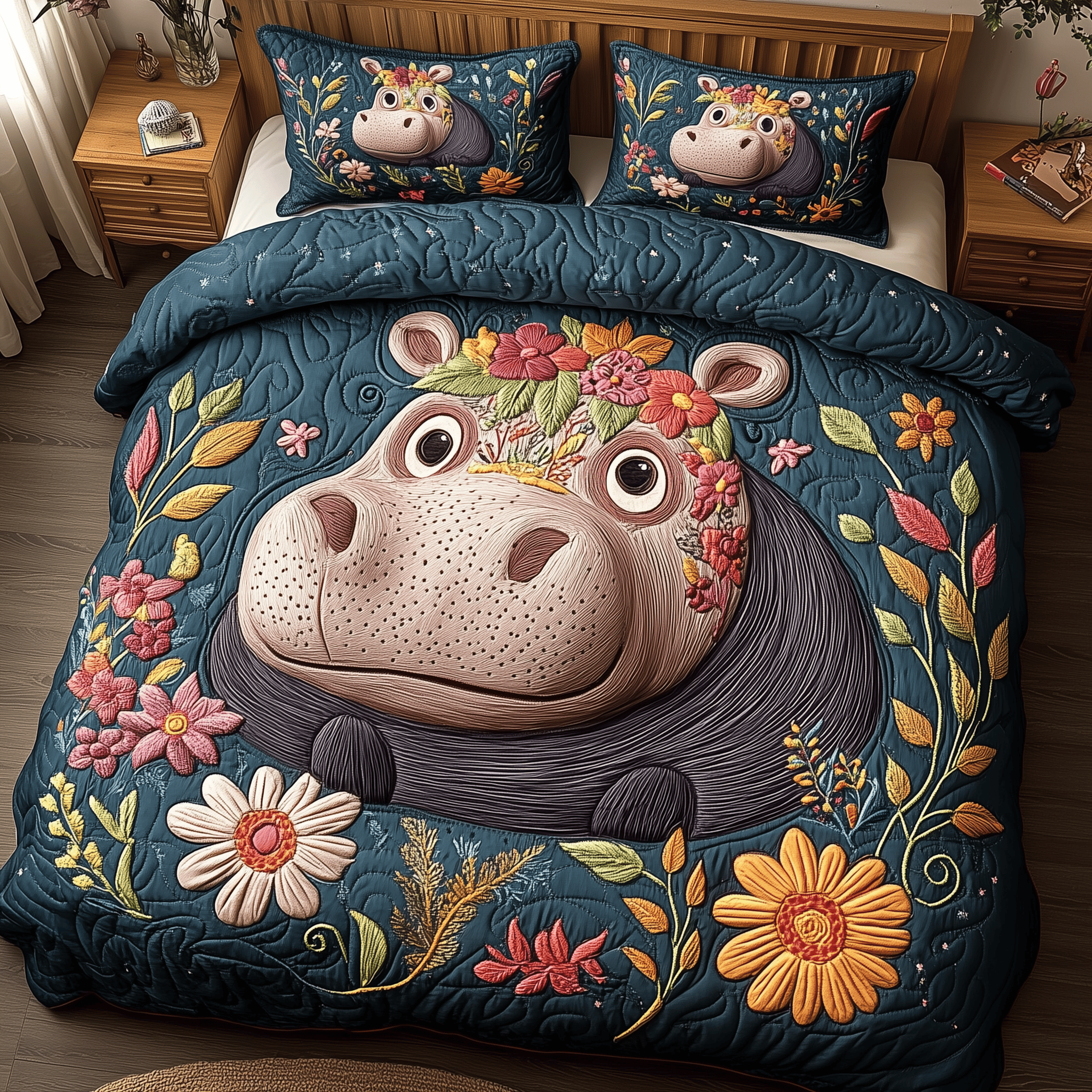 Smiling Garden Hippo Quilted Bedding Set Unique Duvet Cover Bedspread Set Best Gifts For Wife