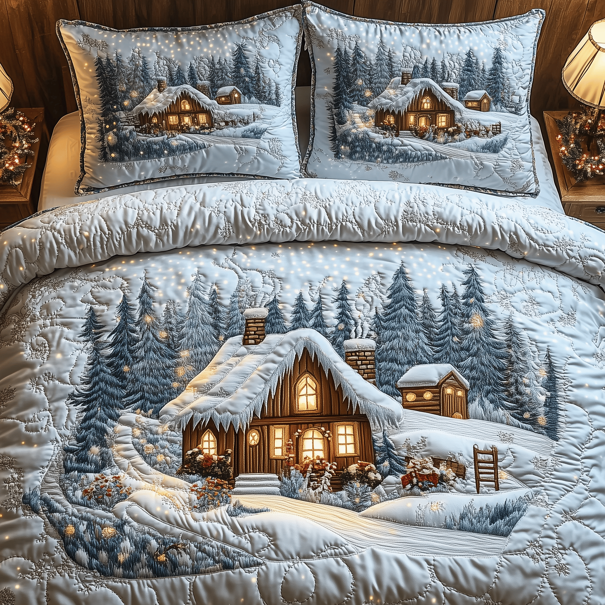 Snow Cabin Quilted Bedding Set Christmas Gifts For Mum