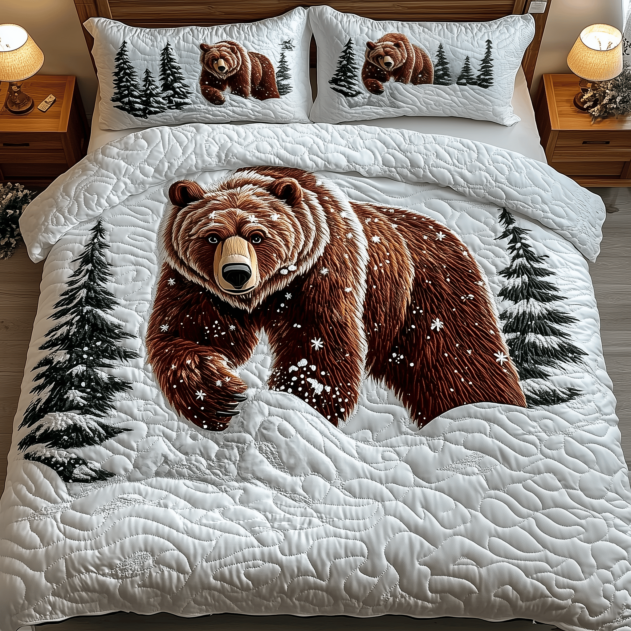 Snowland Majestic Bear Quilted Bedding Set Best Valentines Duvet Cover Set Bear Gifts For Her