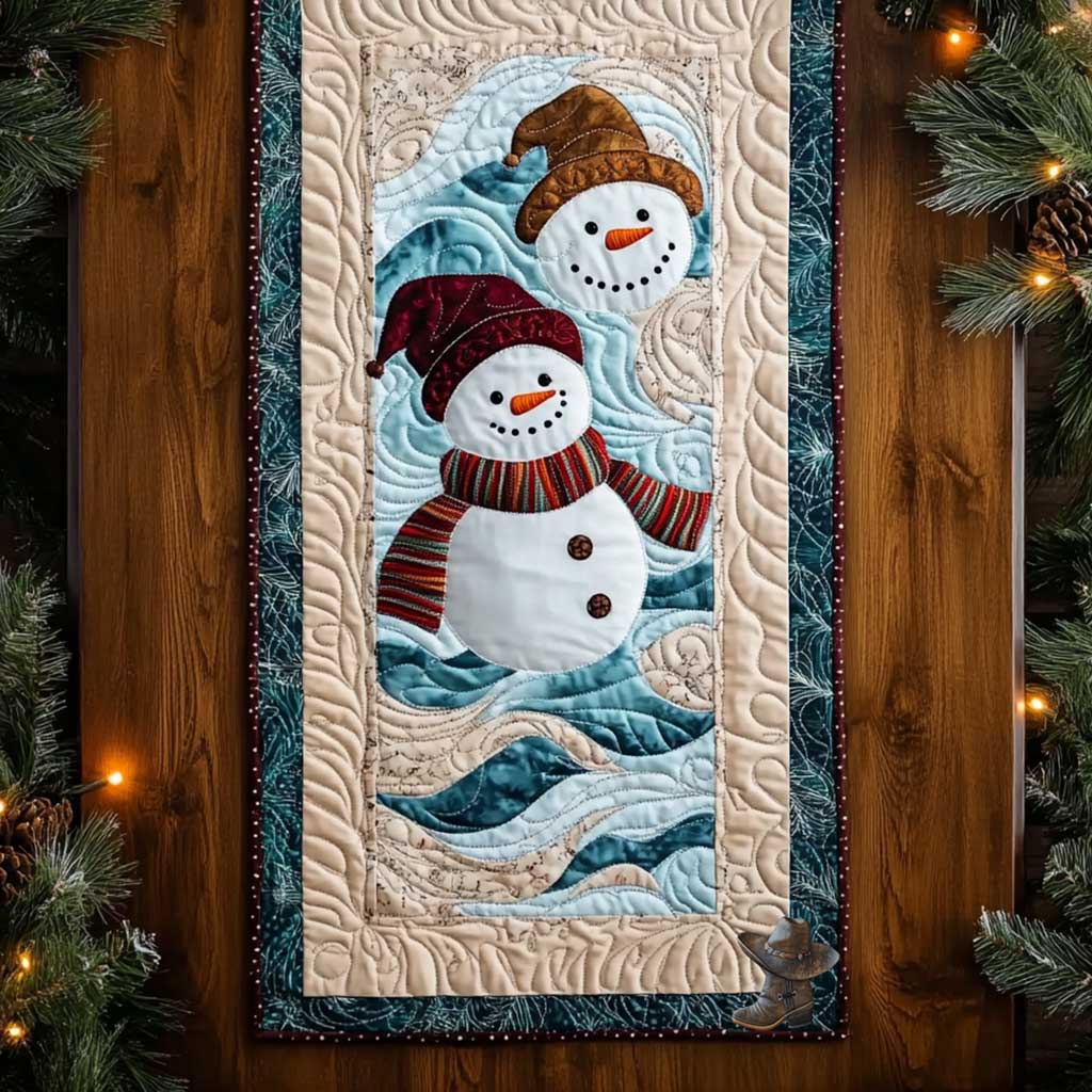 Snowman Gathering Quilted Table Runner Holiday Christmas Table Runner Decorations Xmas Gift Ideas