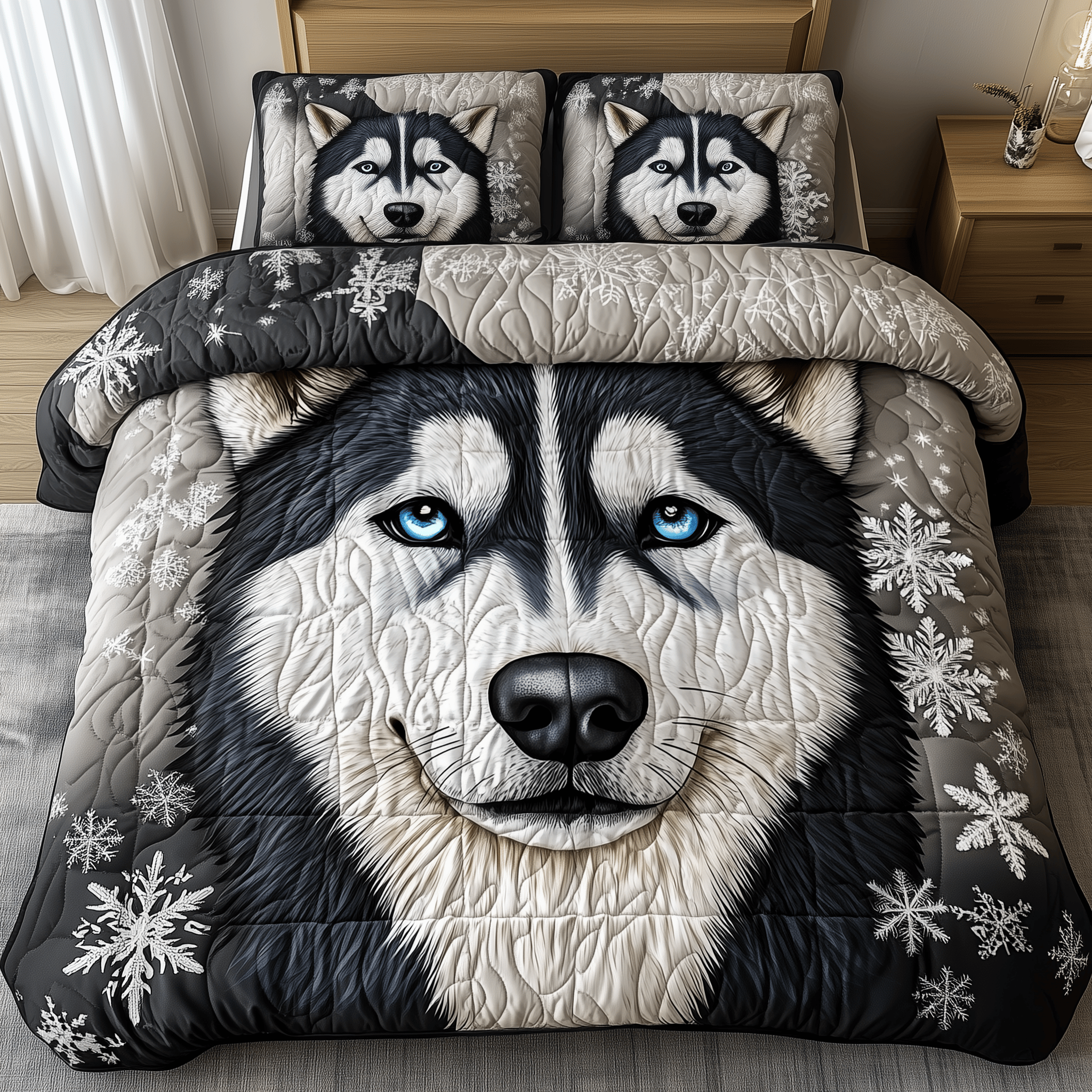 Snowy Siberian Guardian Quilted Bedding Set Duvet Cover Bedspread Set Merch Presents For Son