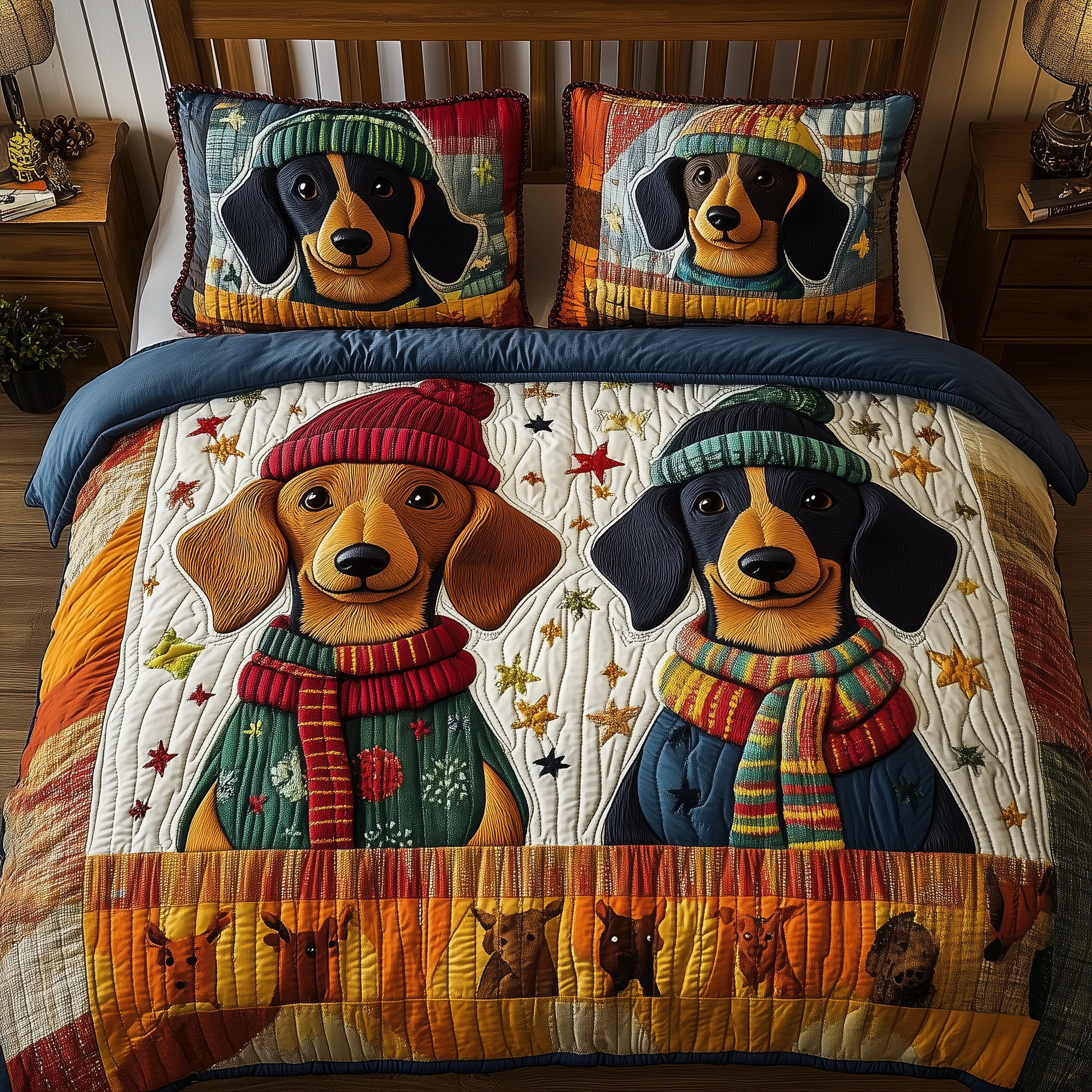 Snuggly Dachshund Friends Quilted Bedding Set Best Valentines Day Gift Ideas For Dachshund Lovers