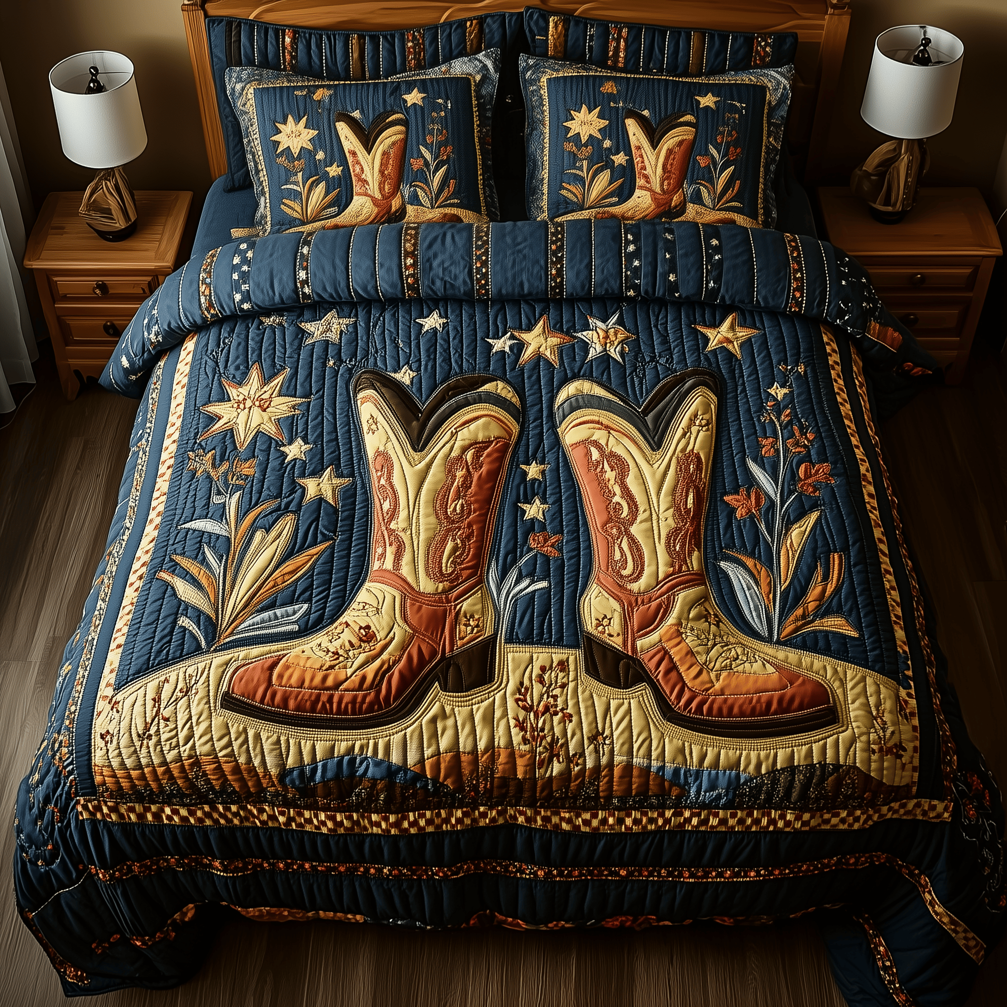 Southwest Cowboy Boots Quilted Bedding Set Valentine'S Day Duvet Cover Set Best Gifts For Cow Lovers