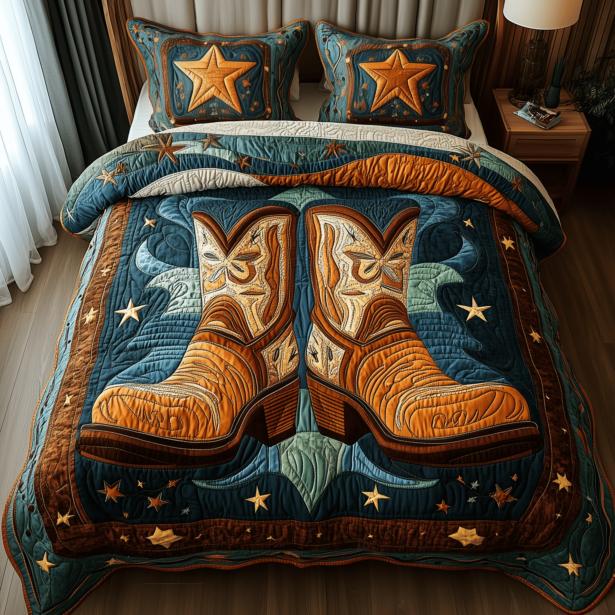 Southwest Cowboy Boots Quilted Bedding Set Valentine'S Day Duvet Cover Set Gift For Cow Lover