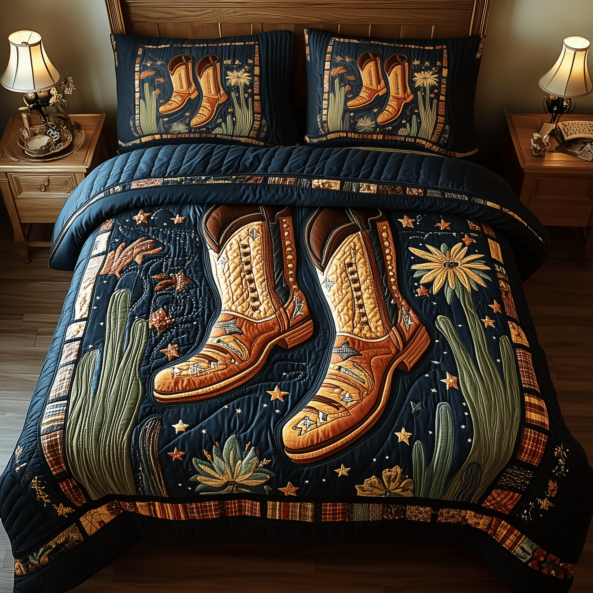 Southwest Cowboy Boots Quilted Bedding Set Valentine'S Day Duvet Cover Set Gift Ideas For Cow Lovers
