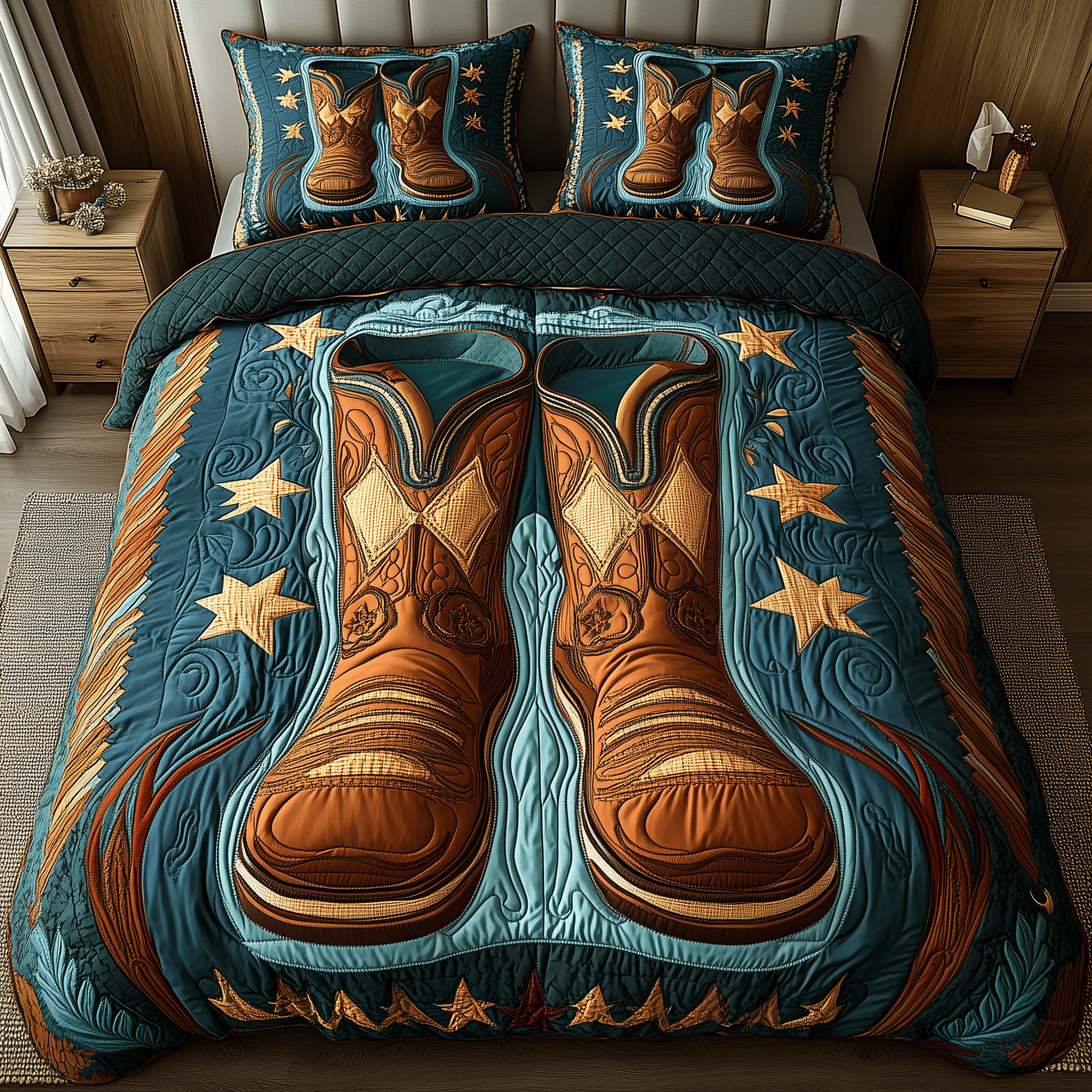 Southwest Cowboy Boots Quilted Bedding Set Valentine'S Day Duvet Cover Set Gifts For Cow Lovers