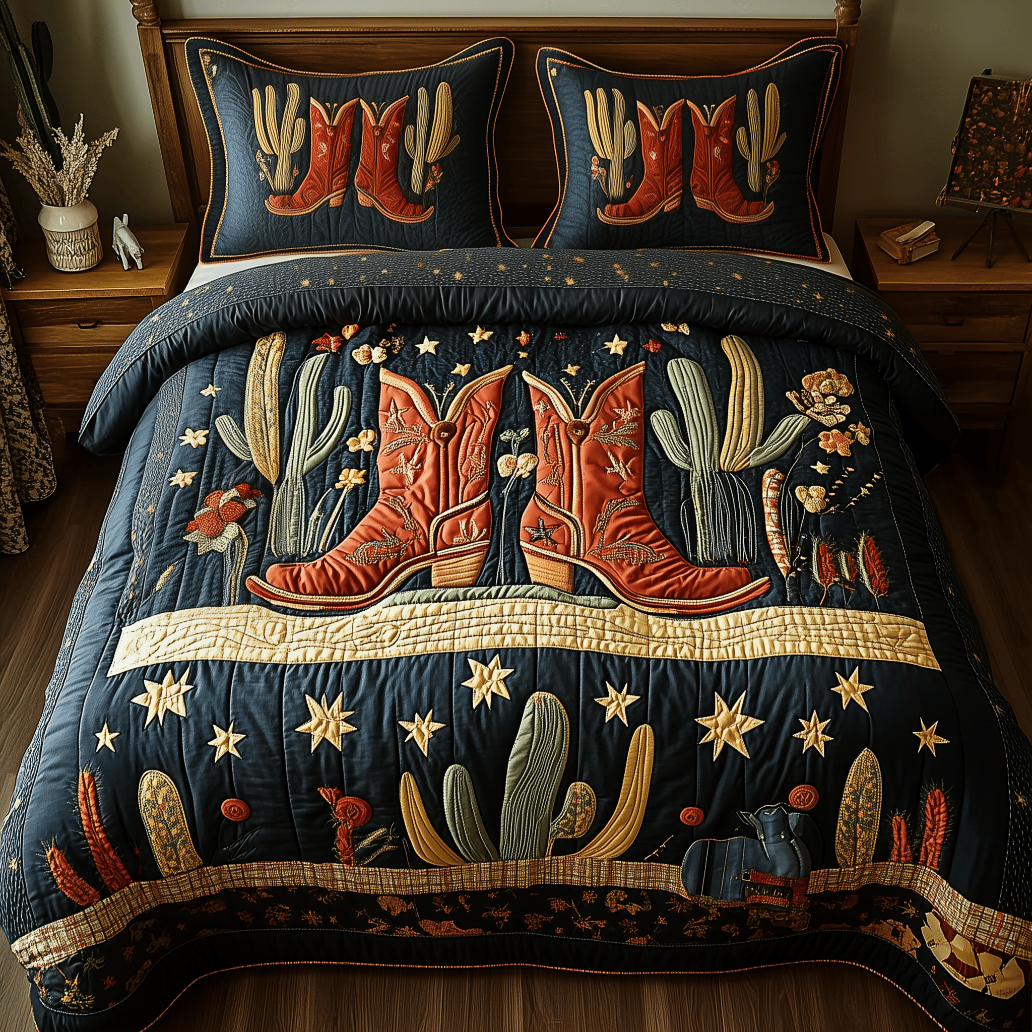 Southwest Cowboy Boots Quilted Bedding Set Valentine'S Day Duvet Cover Set Presents For Cow Lovers