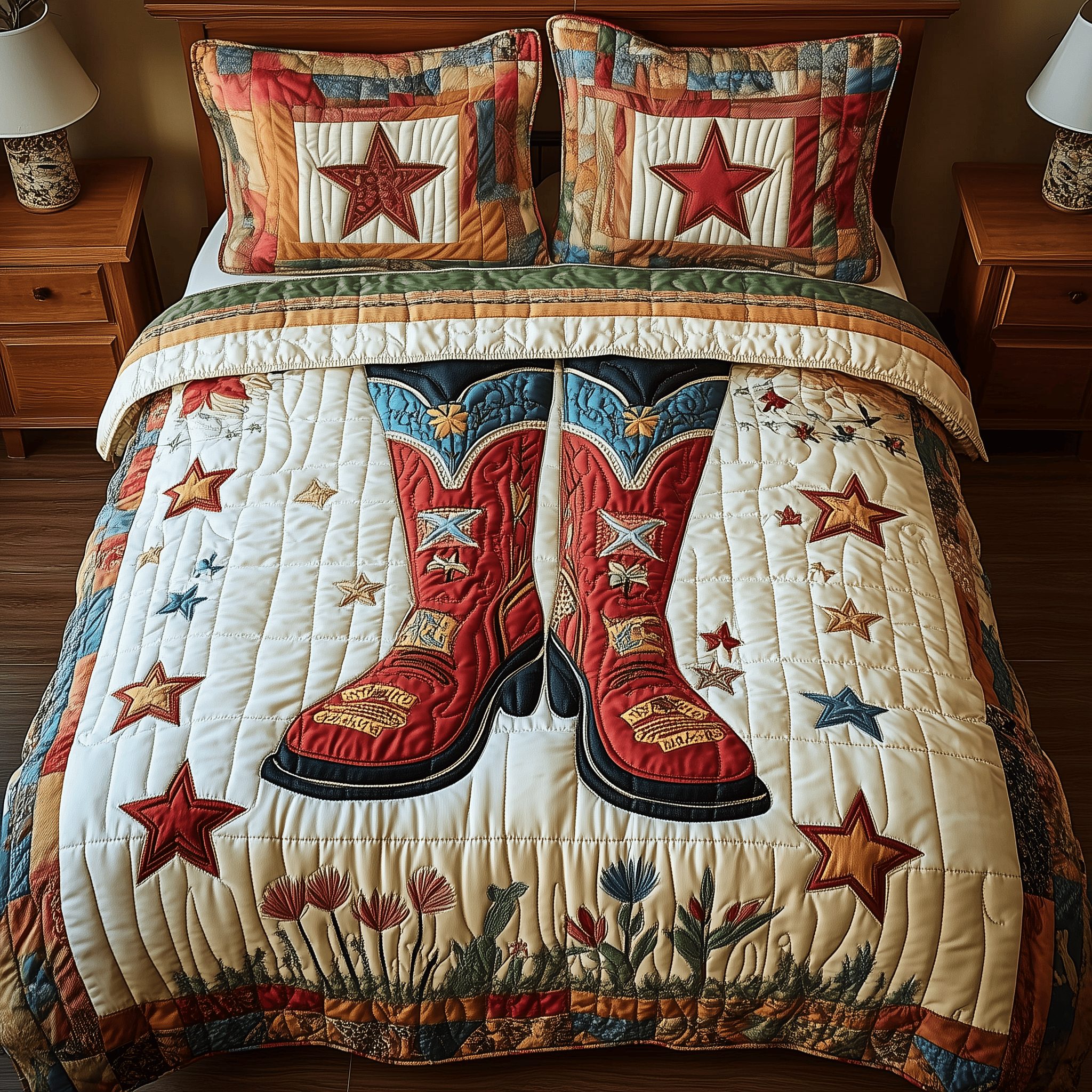 Southwest Cowboy Boots Quilted Bedding Set Valentine'S Day Duvet Cover Set Unique Gifts For Cow Lovers