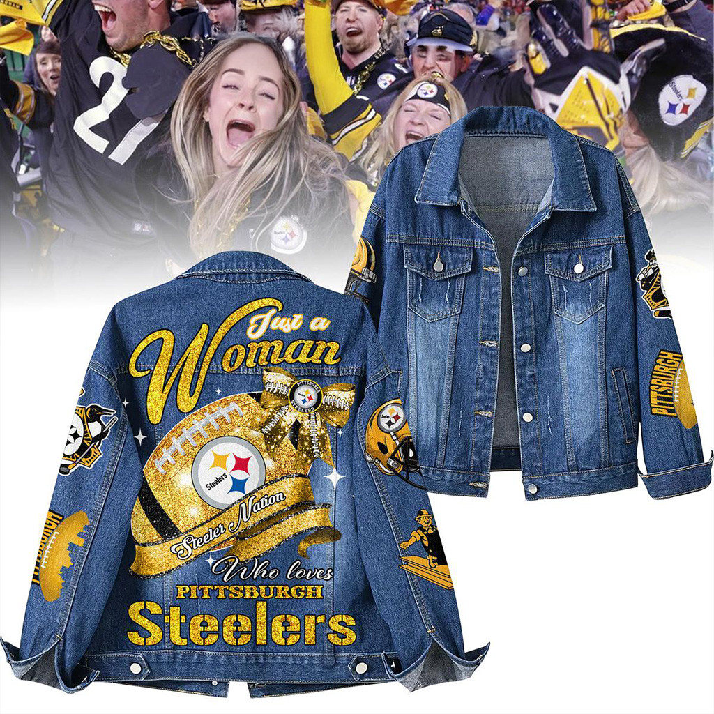 Steelers Nation Just A Woman Who Loves Pittsburgh Steelers Denim Jacket Pittsburgh Steelers Merch