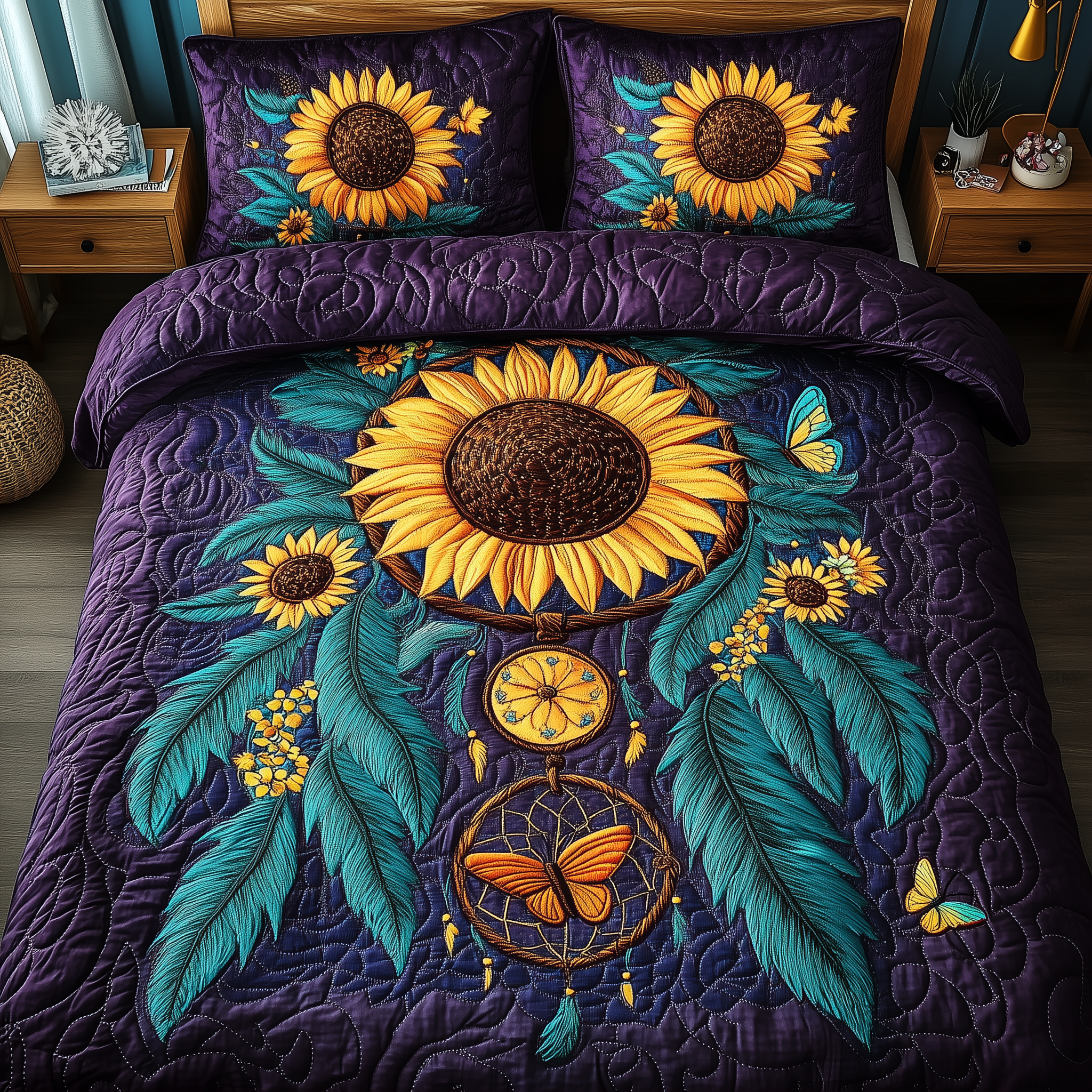Sunflower Dreamcatcher Quilted Bedding Set Unique Duvet Cover Bedspread Set Awesome Father'sDay Present Ideas