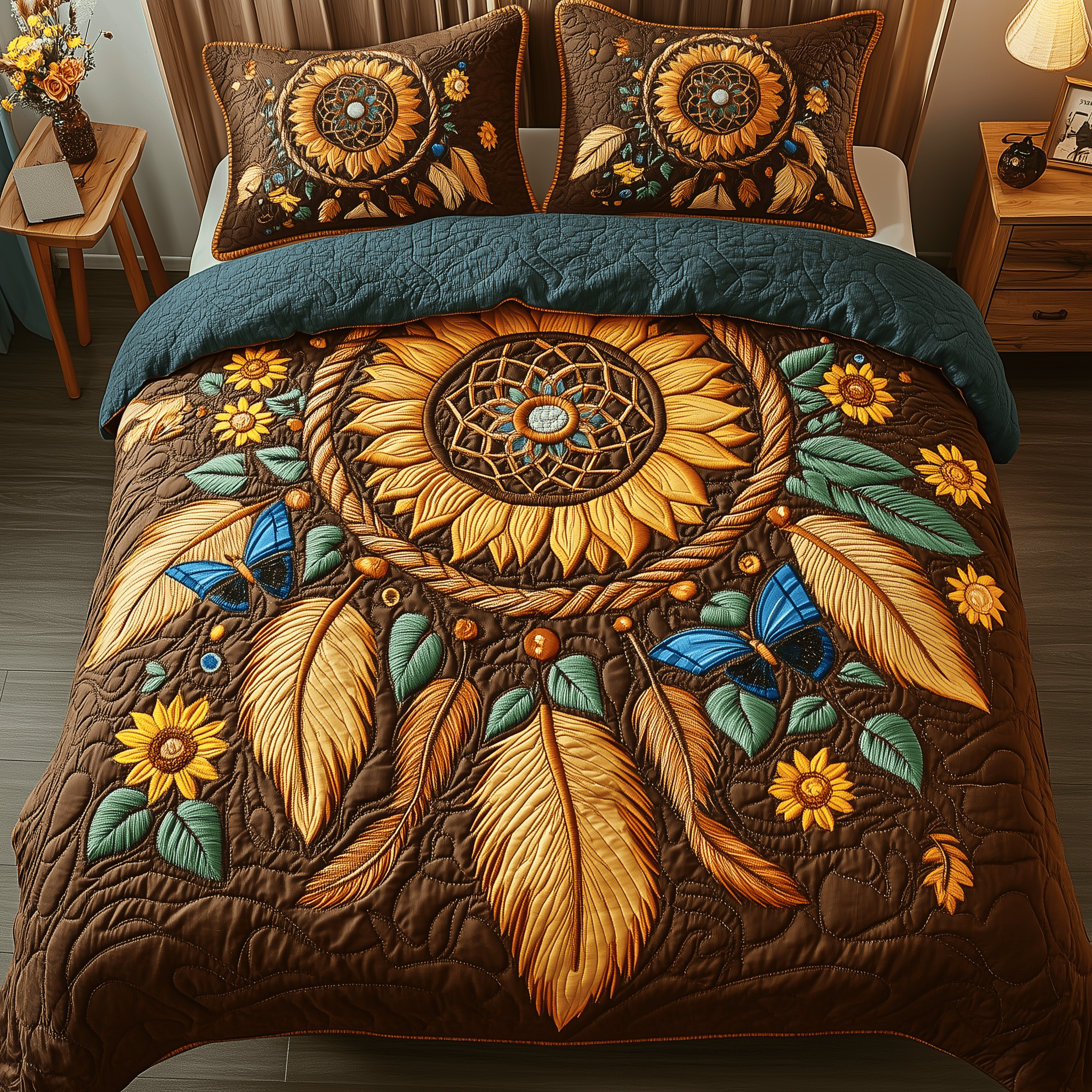 Sunflower Dreamcatcher Quilted Bedding Set Unique Duvet Cover Bedspread Set Great Mother's Day Present For Wife