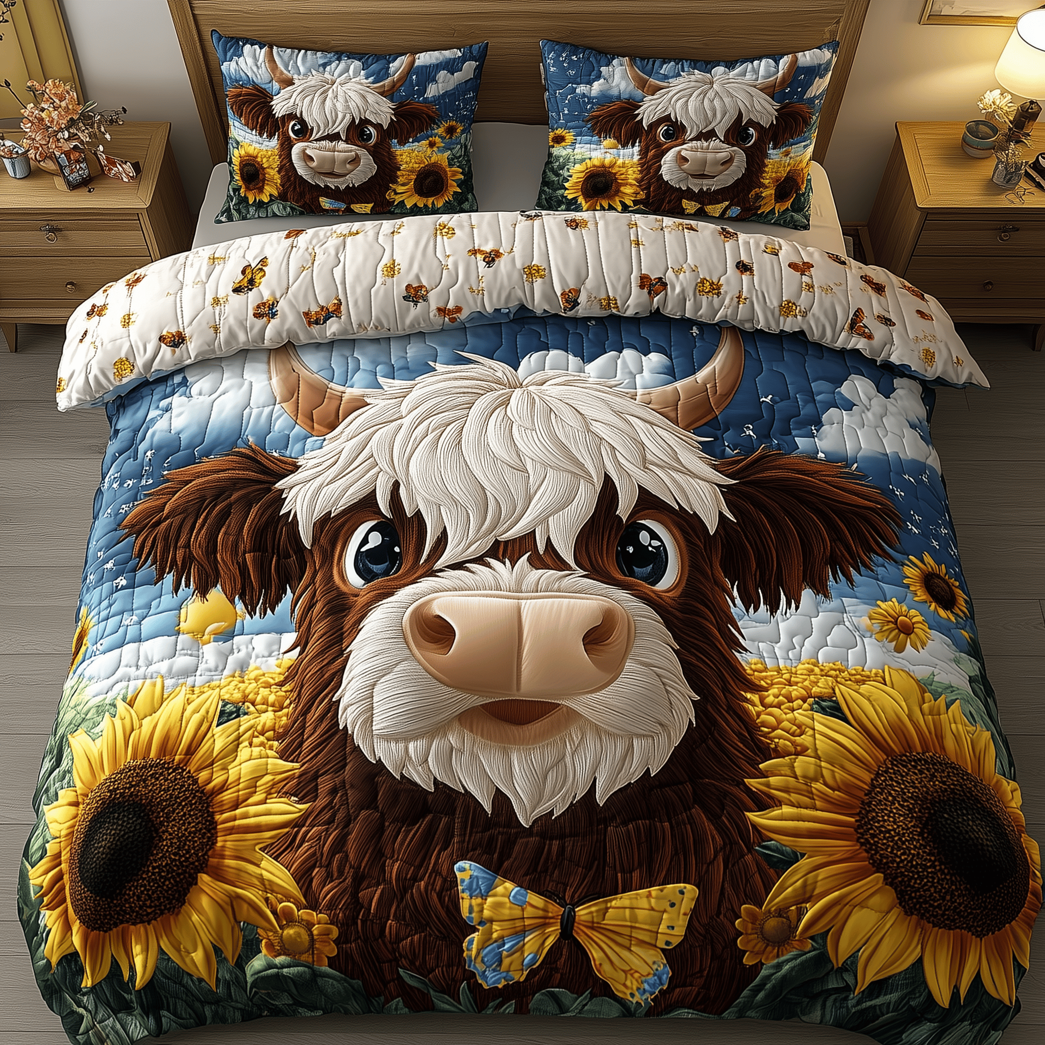 Sunflower Highland Cow Quilted Bedding Set Father's Day Duvet Cover Set Presents For Cow Lovers
