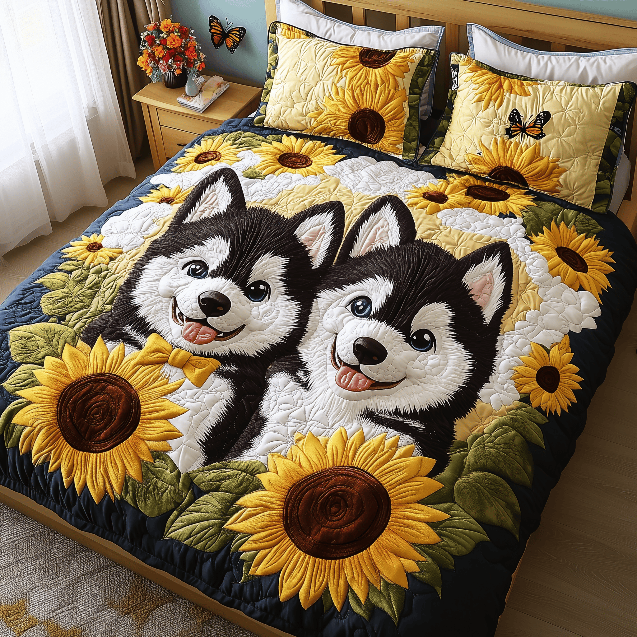 Sunflower Husky Paradise Quilted Bedding Set Duvet Cover Bedspread Set Merch Gifts For A Son In Law