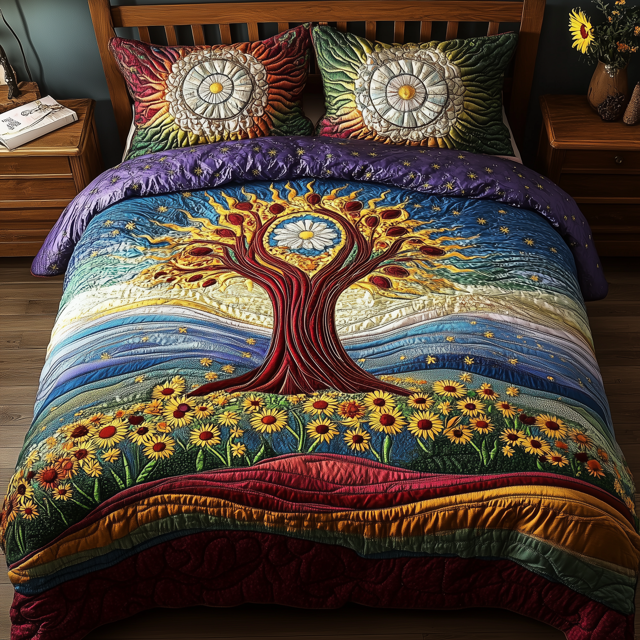 Sunflower Tree of Life Quilted Bedding Set Duvet Cover Bedspread Set Item Grandparent Christmas Mother's Day Gifts