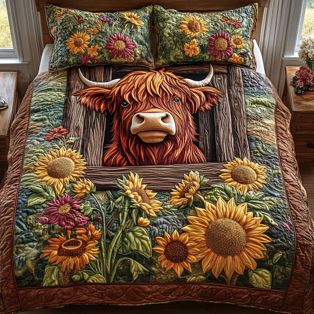 Sunlit Stable Highland Cow Quilted Bedding Set Good Mothers Day Duvet Cover Set Gift Ideas For Cow Lovers