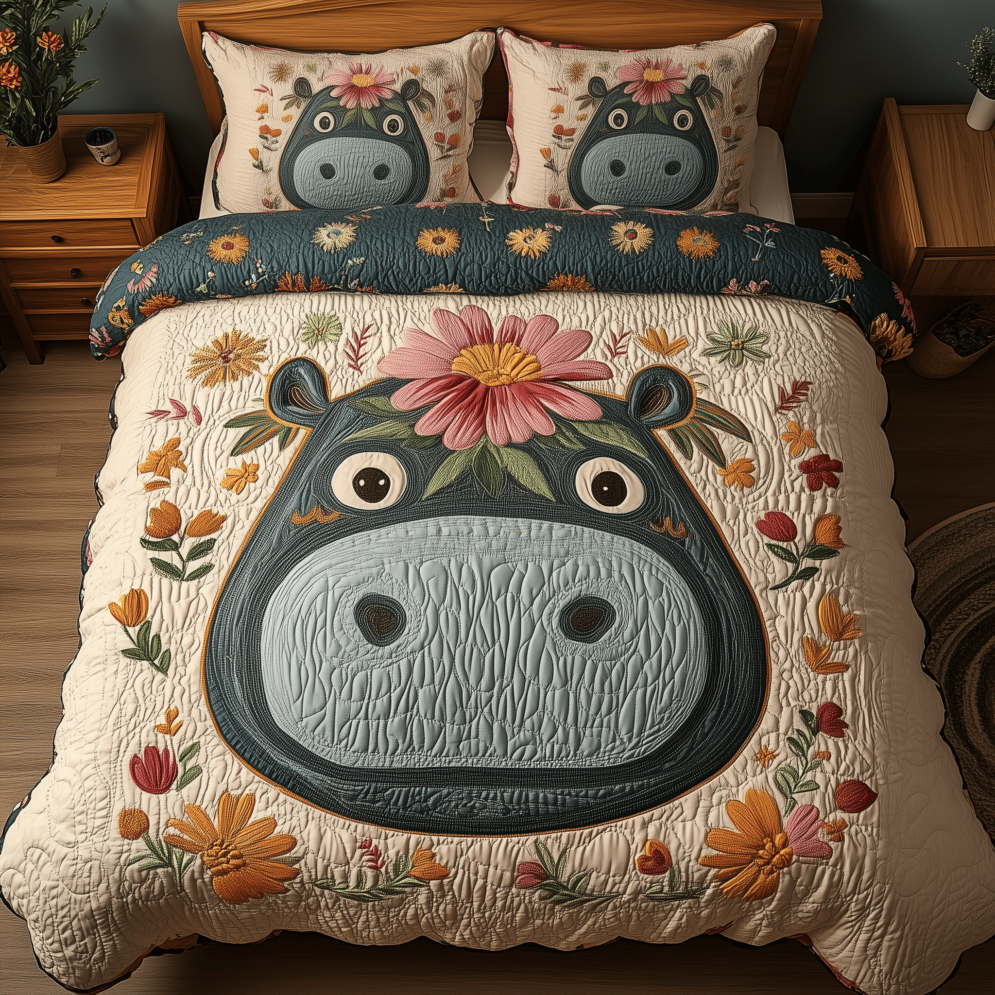 Sunny Smile Hippo Quilted Bedding Set Unique Duvet Cover Bedspread Set Gifts For My Wife