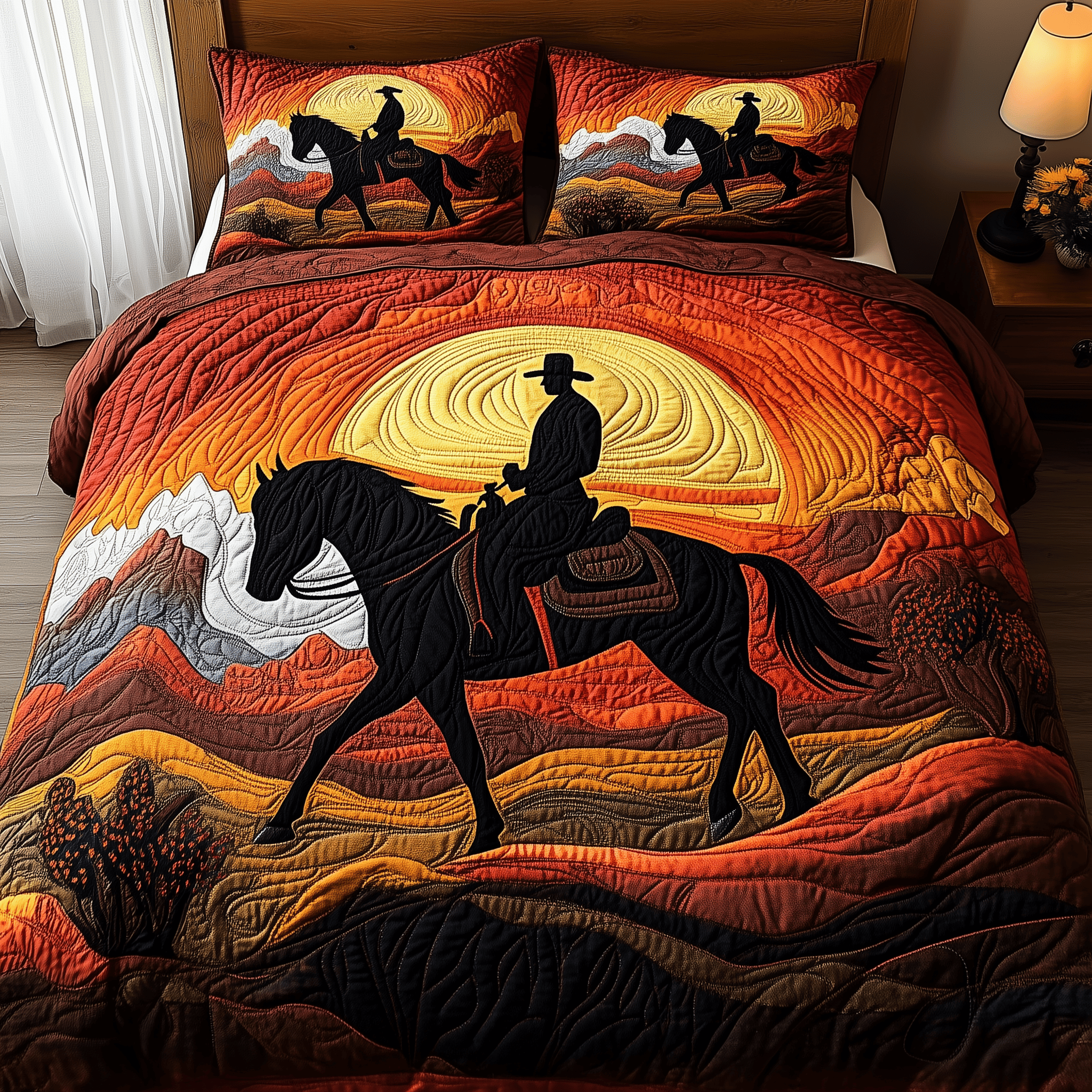 Sunset Cowboy Quilted Bedding Set Unique Valentines Duvet Cover Set Cow Lover Gift Ideas