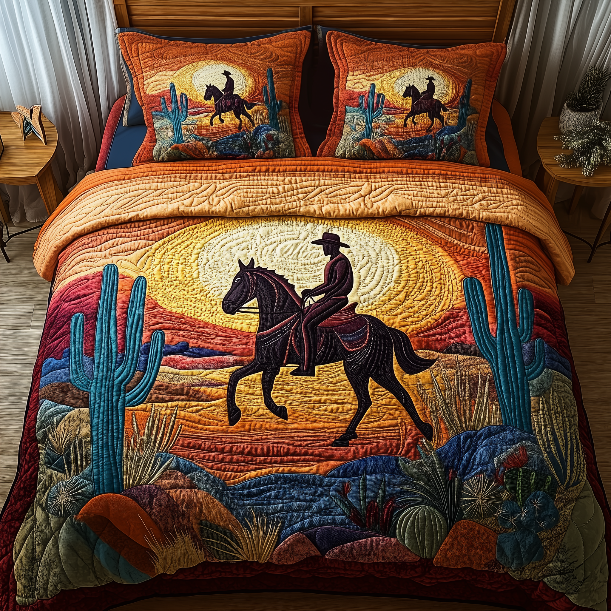 Sunset Cowboy Quilted Bedding Set Unique Valentines Duvet Cover Set Cow Print Gifts For Her
