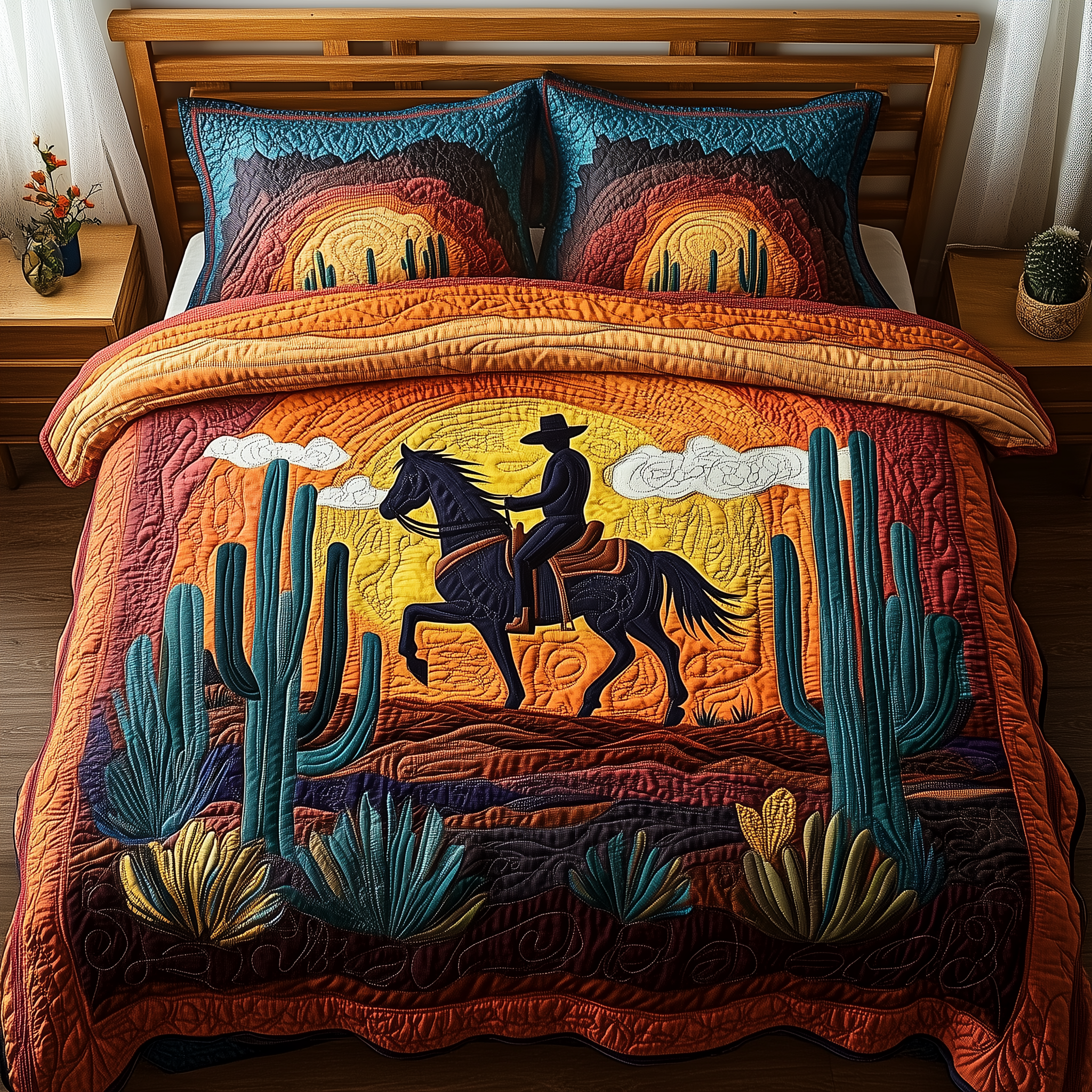 Sunset Cowboy Quilted Bedding Set Unique Valentines Duvet Cover Set Cow Themed Gifts