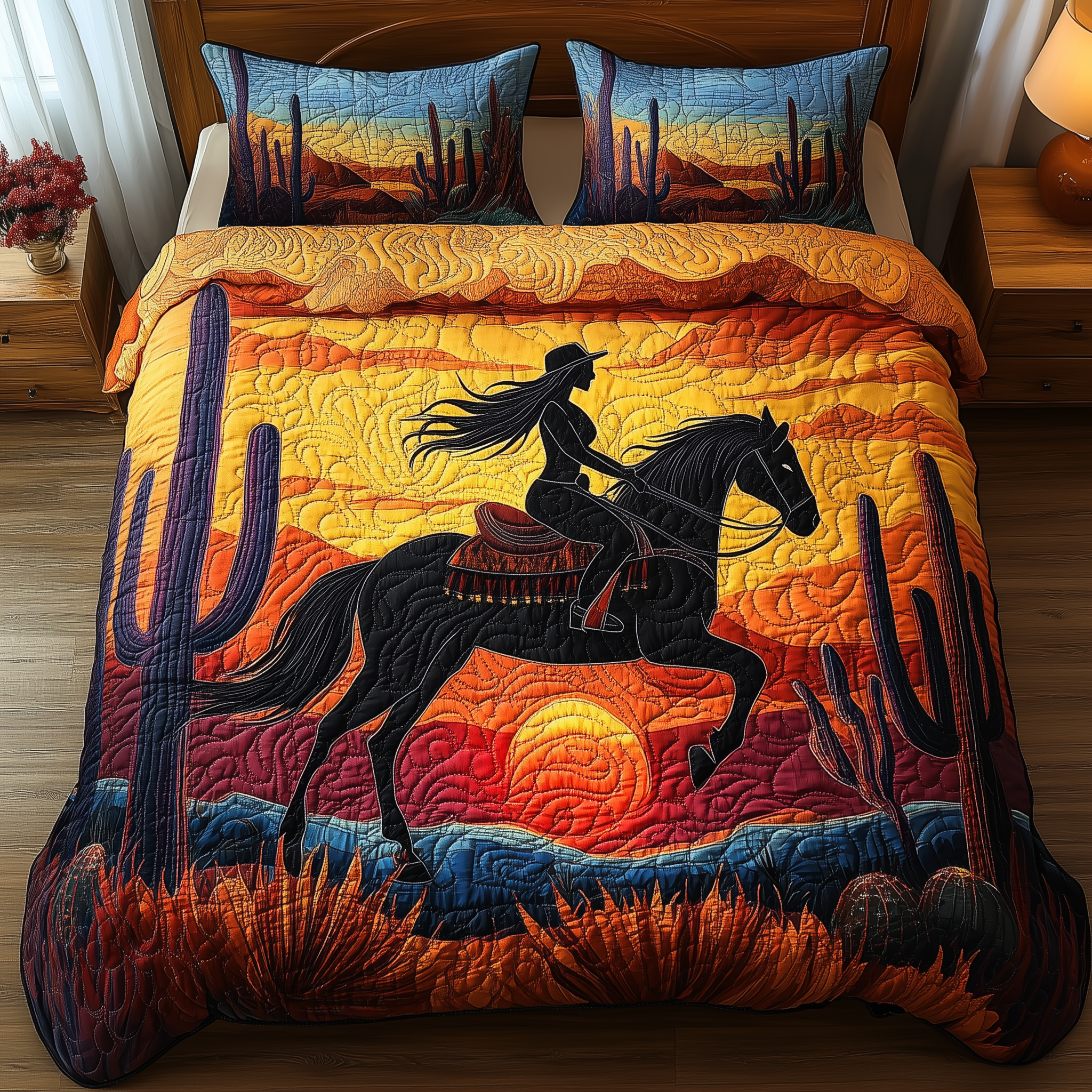 Sunset Cowgirl Quilted Bedding Set Unique Valentines Duvet Cover Set Cow Gifts For Women