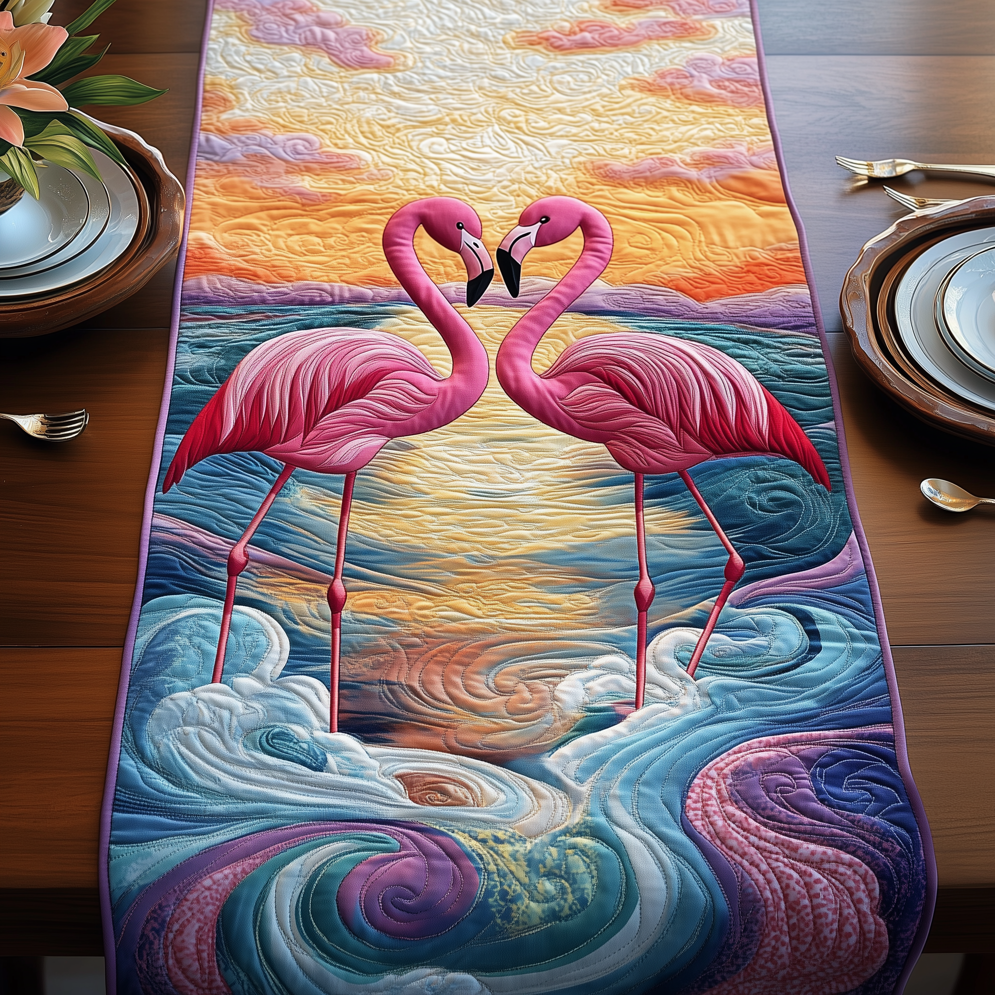 Sunset Flamingo Quilted Table Runner Add Tropical Warmth to Your Table Decor