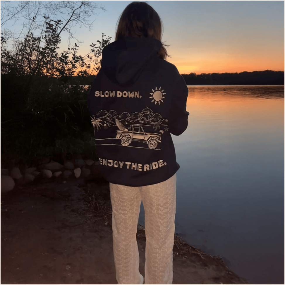 Sunset Surf Hoodie Printed Slow Down Enjoy The Ride Hoodie Sunset Surf Merch Gifts For Friends