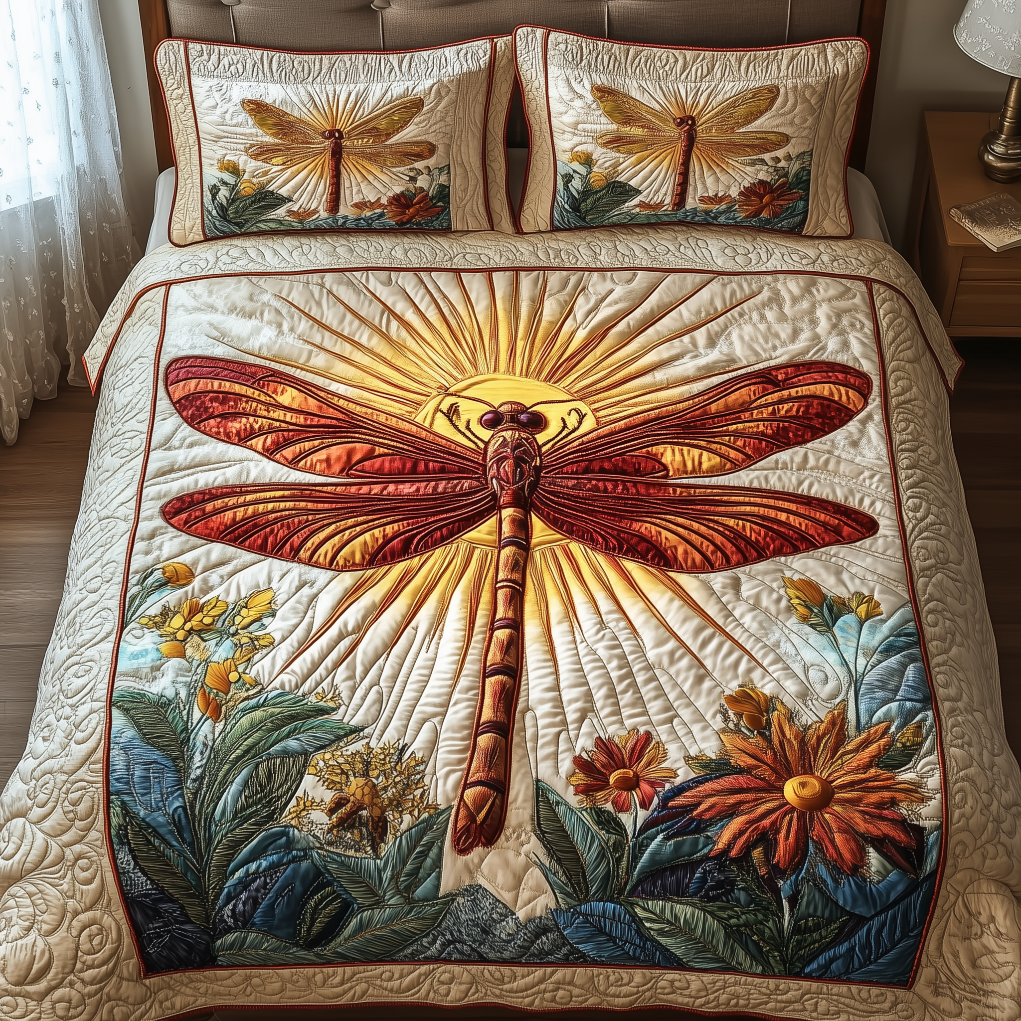 Sunshine Dragonfly Quilted Bedding Set Great Mother's Day Duvet Cover Set Gift For Dragon Lover