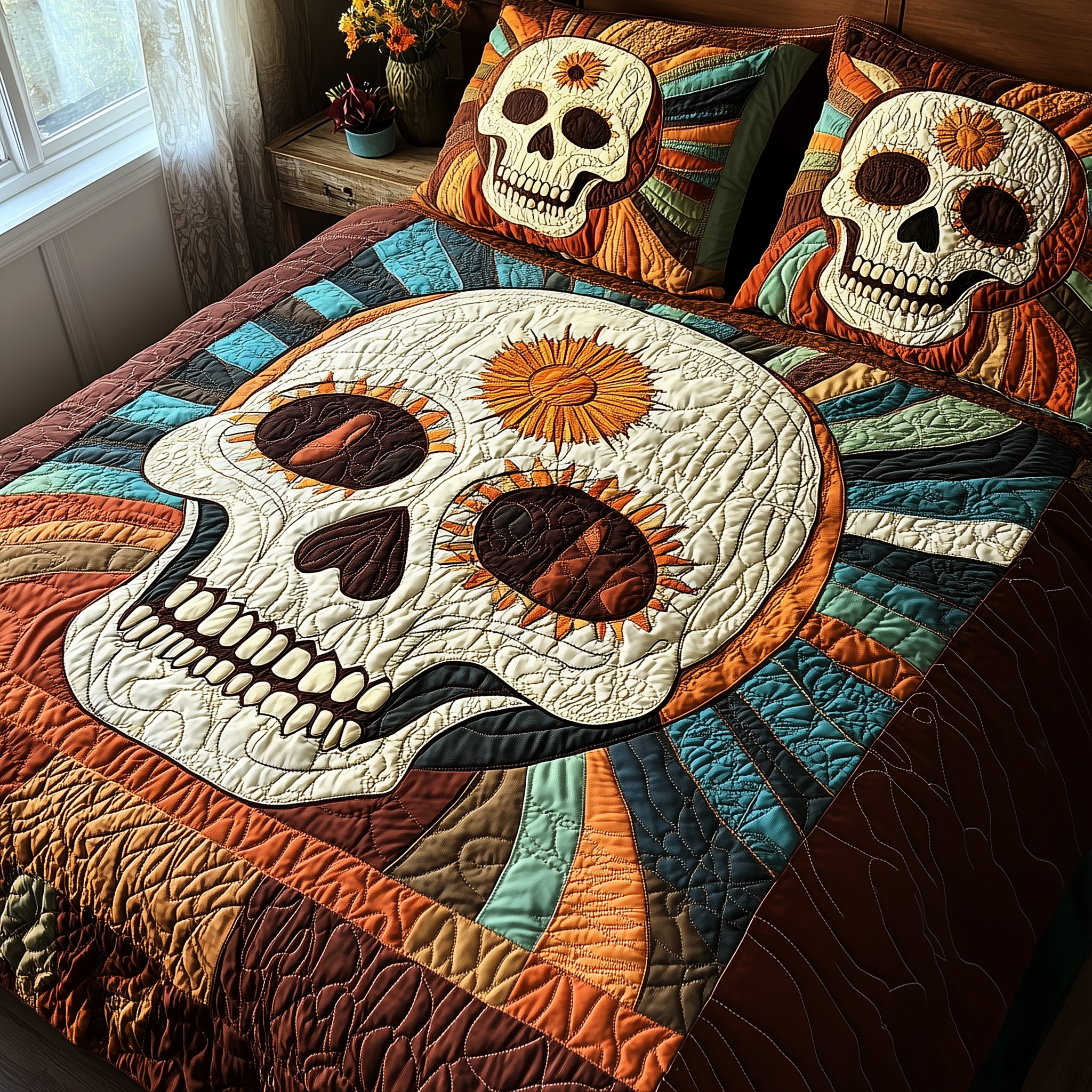 Sunshine Skull Quilted Bedding Set Best Father's Day Duvet Cover Set Gifts For People Who Like Skulls