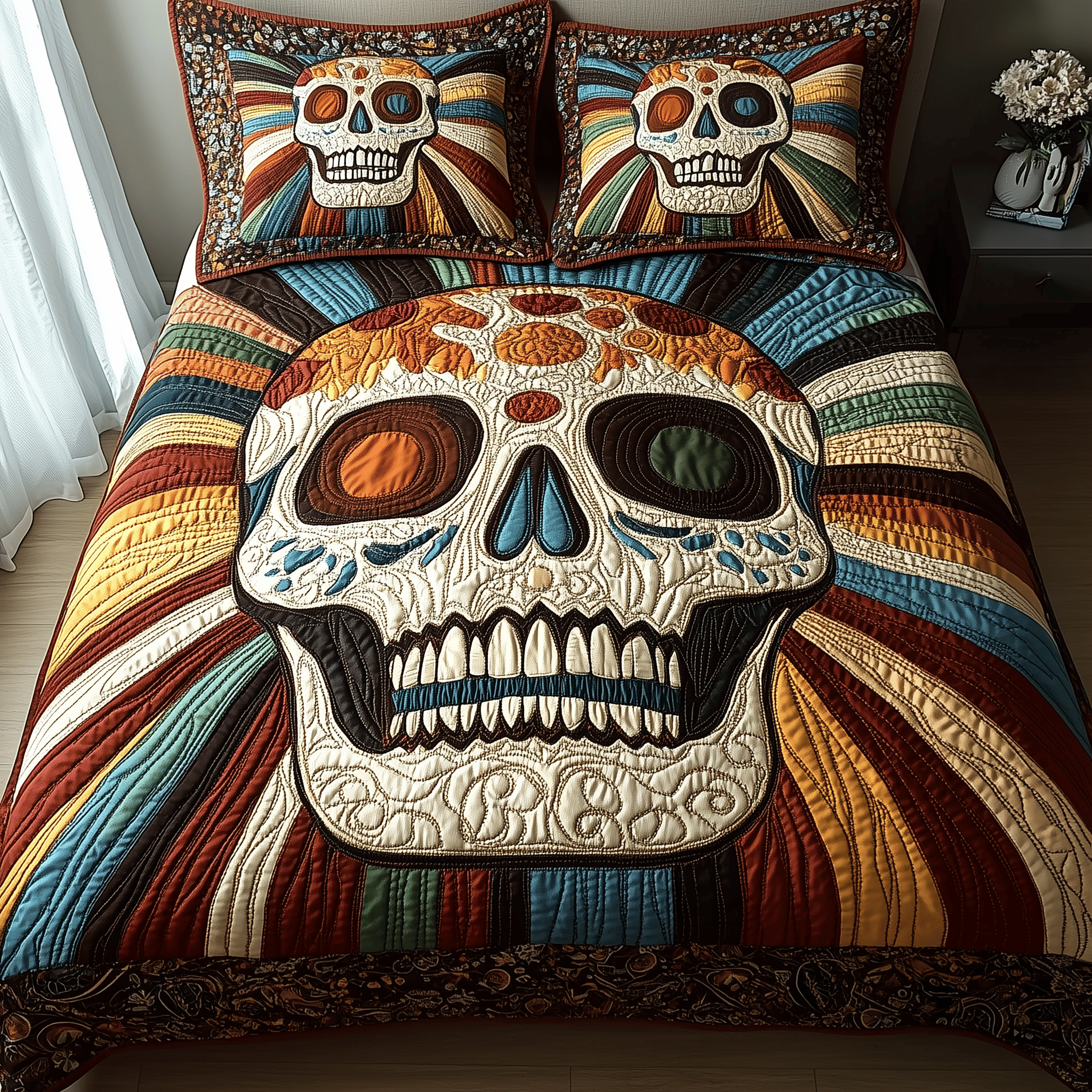 Sunshine Skull Quilted Bedding Set Best Father's Day Duvet Cover Set Skull Birthday Presents