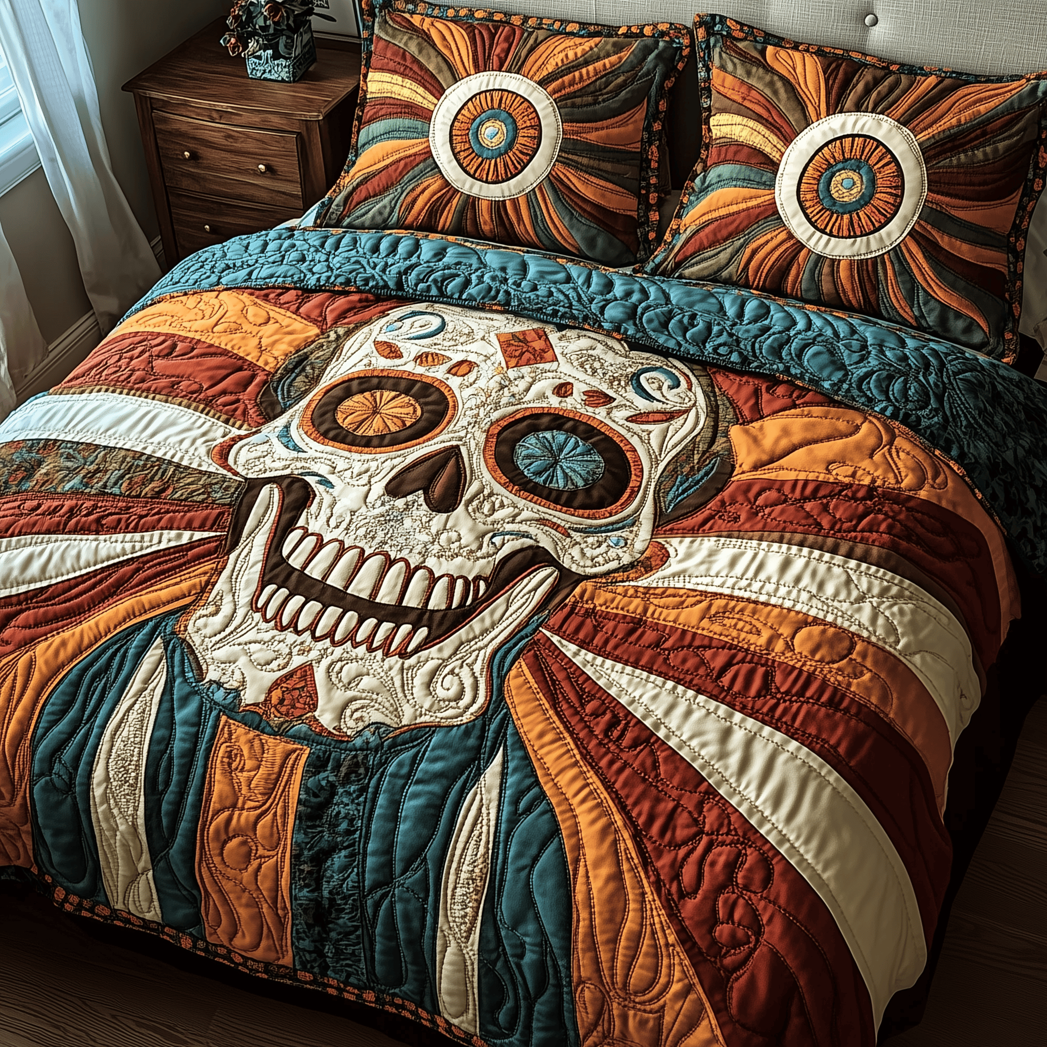 Sunshine Skull Quilted Bedding Set Best Father's Day Duvet Cover Set Skull Gifts For Dad